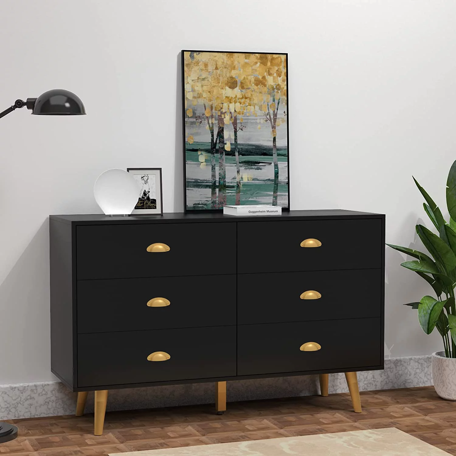 Black Dresser 6 Drawer Dresser for Bedroom with Wide Drawers and Metal Handles Storage Chest of Drawers for Living Room Hallway Entryway