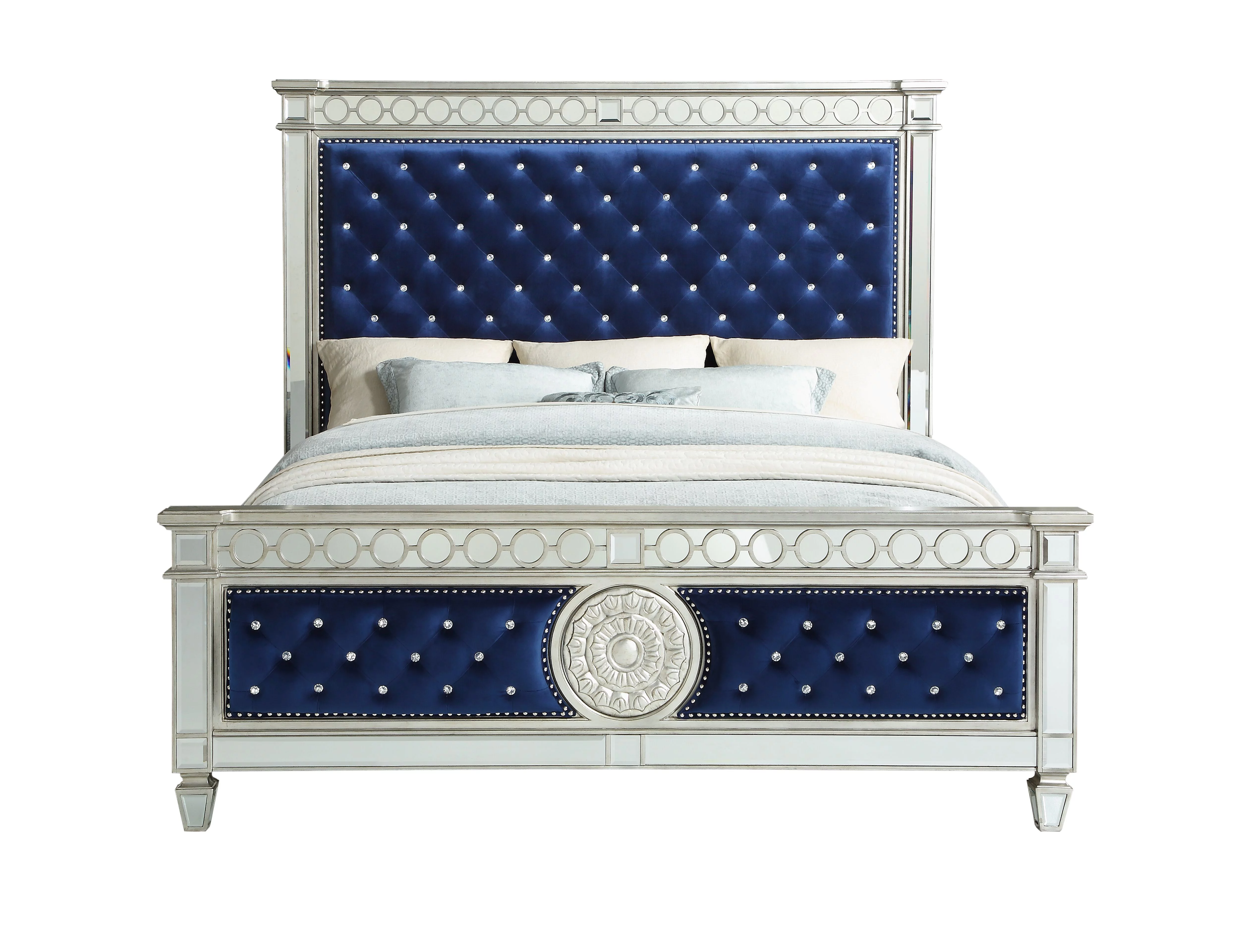 ACME Varian California King Tufted Panel Bed in Blue Velvet and Mirrored