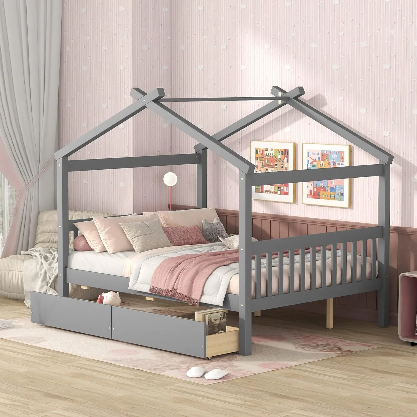 Full Size House Bed With Drawers, Wooden Full Platform Bed Frame With Headboard And Footboard, Roof Design, For Guest Room/Living Room, Gray