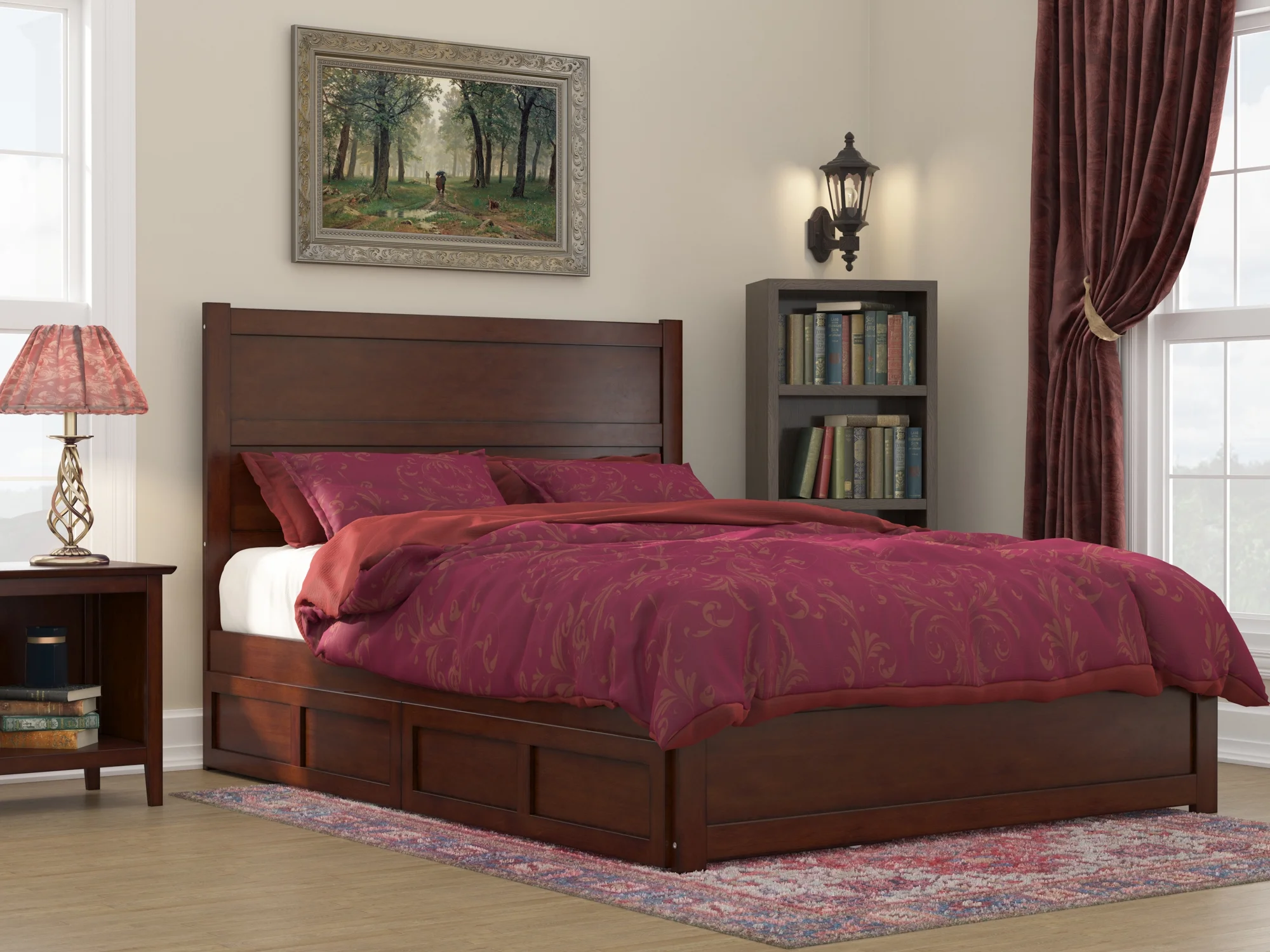 AFI NoHo Queen Wood Platform Bed with Headboard Footboard & 2 Storage Drawers, Walnut