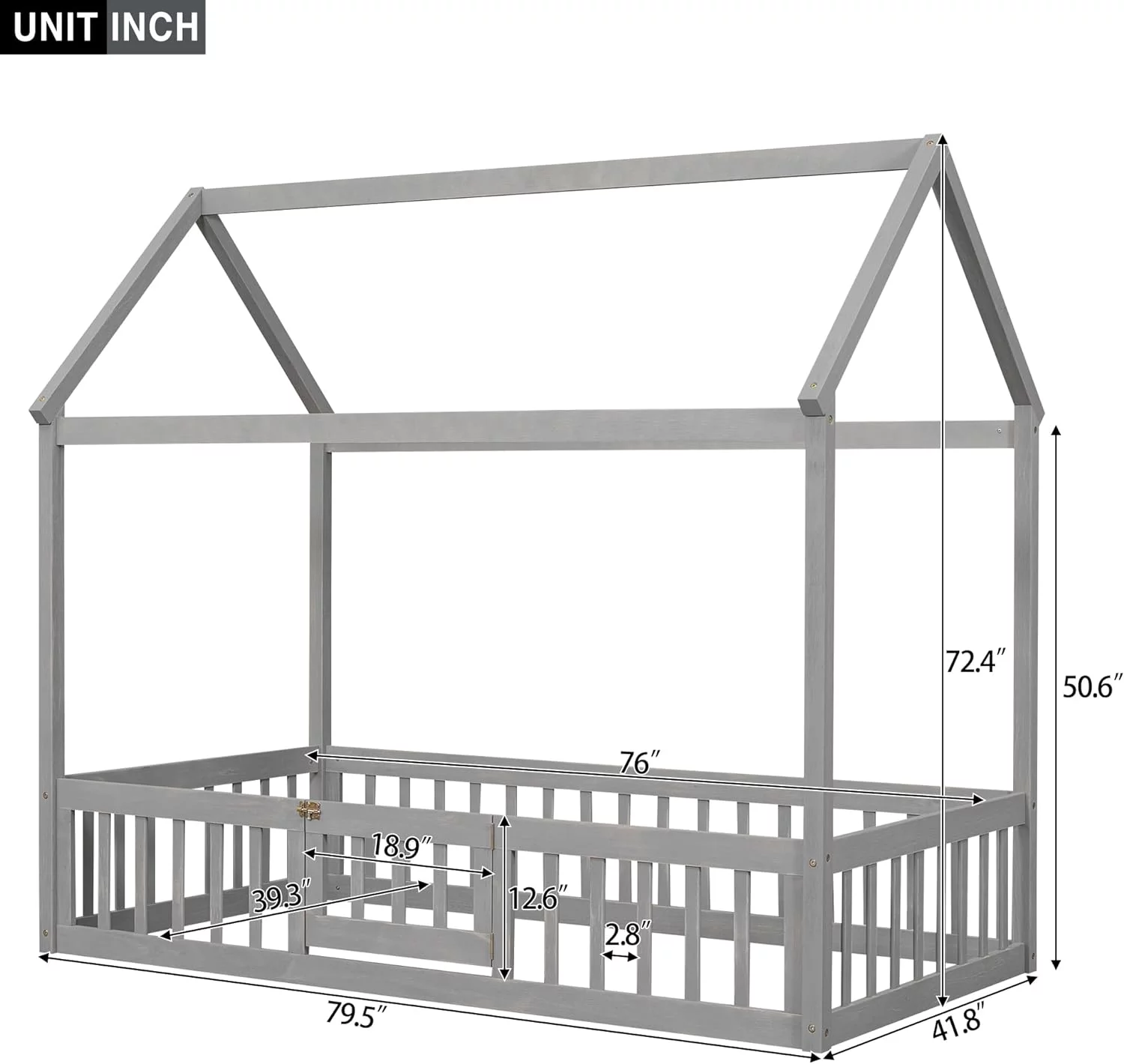 Size Motessori House Bed For Kids, Wood Floor Beds With Fece Railigs & Door, Playhouse Bed For Boys Girls, Box Sprig eeded, Gray Wash