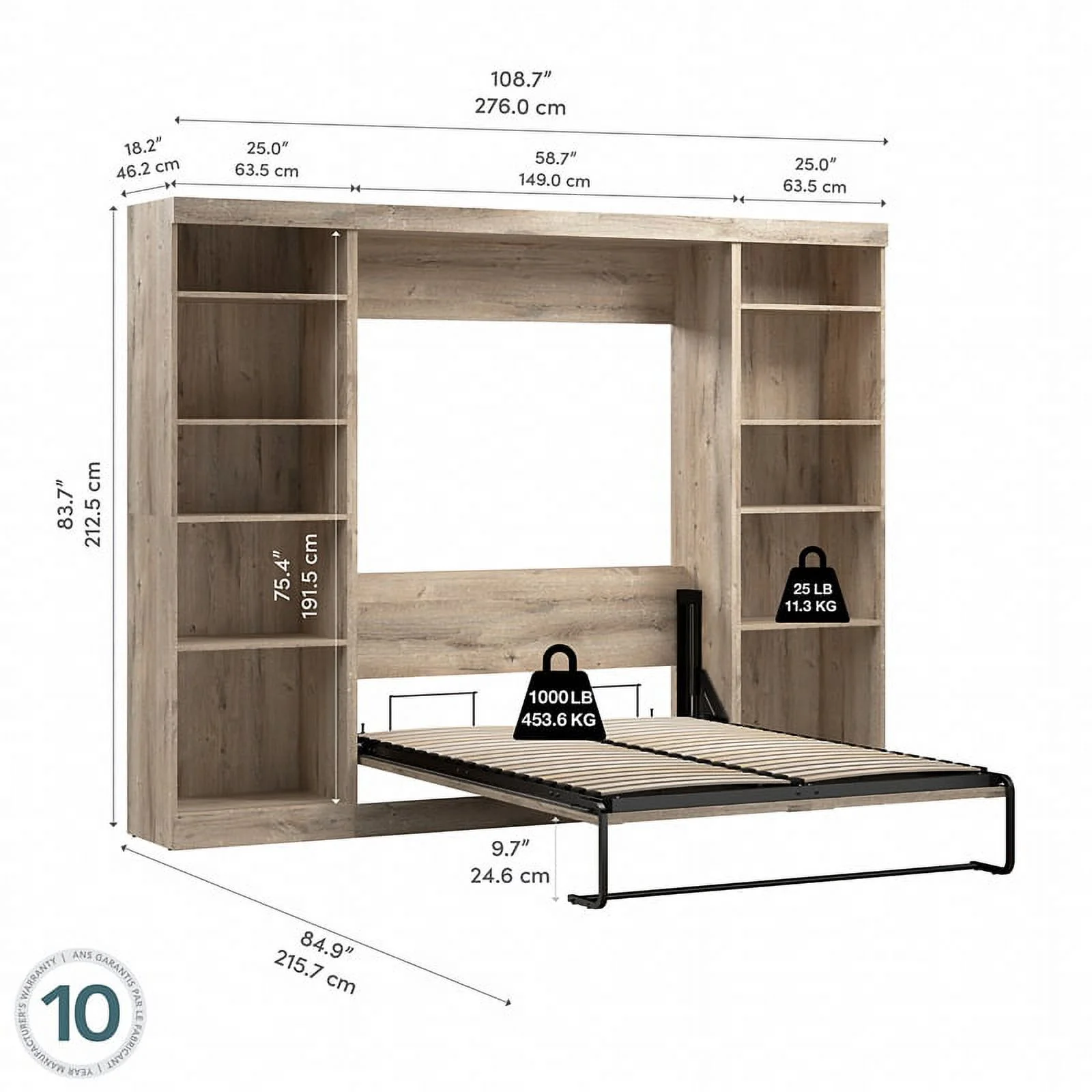 Bestar Pur Full Murphy Bed with 2 Shelving Units (109W) in Rustic Brown