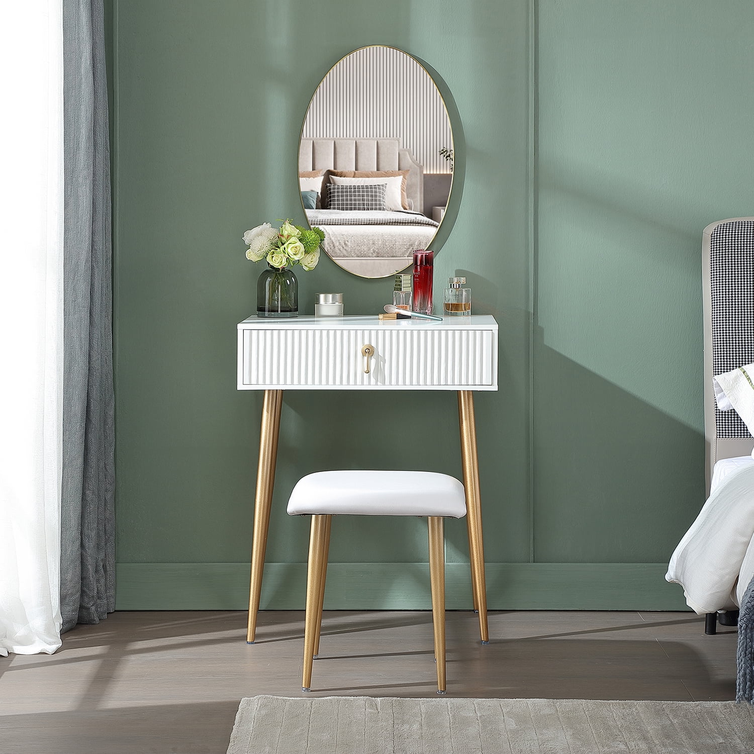 23Inch White Makeup Vanity Desk with Drawers, Modern Dressing Table with Storage Cabinet for Bedroom, White and Gold Desks Without Mirror