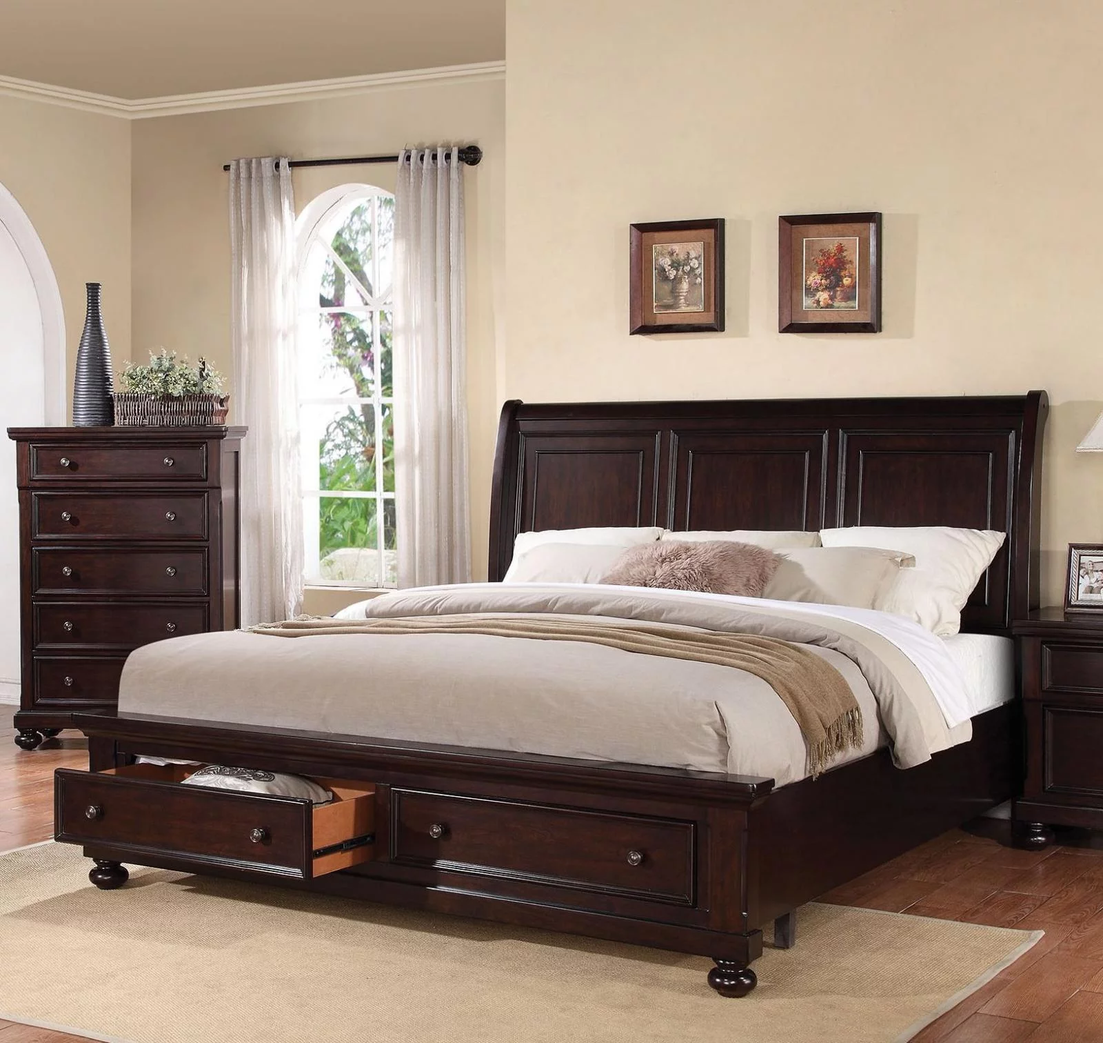 Acme Furniture 24610Q Grayson Dark Walnut Sleigh Storage Queen Bedroom Set 4Pcs