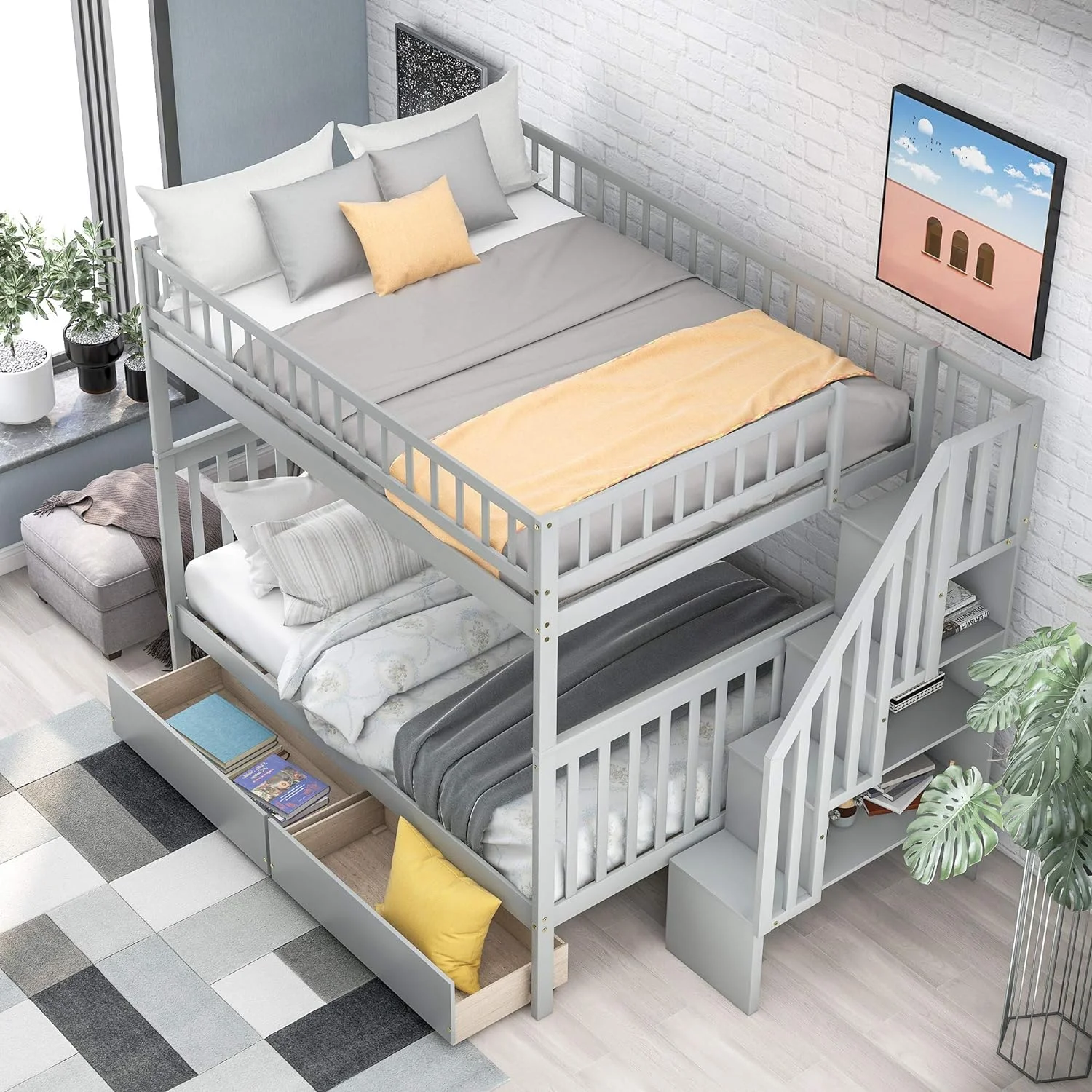 Full Over Full Bunk Beds With 2 Storage Drawers And Stairways, Wood Bunk Bed Frame With Storage Shelf For Kids,Toddlers, Teens, Adults, Dorm, Bedroom Furniture (Grey)