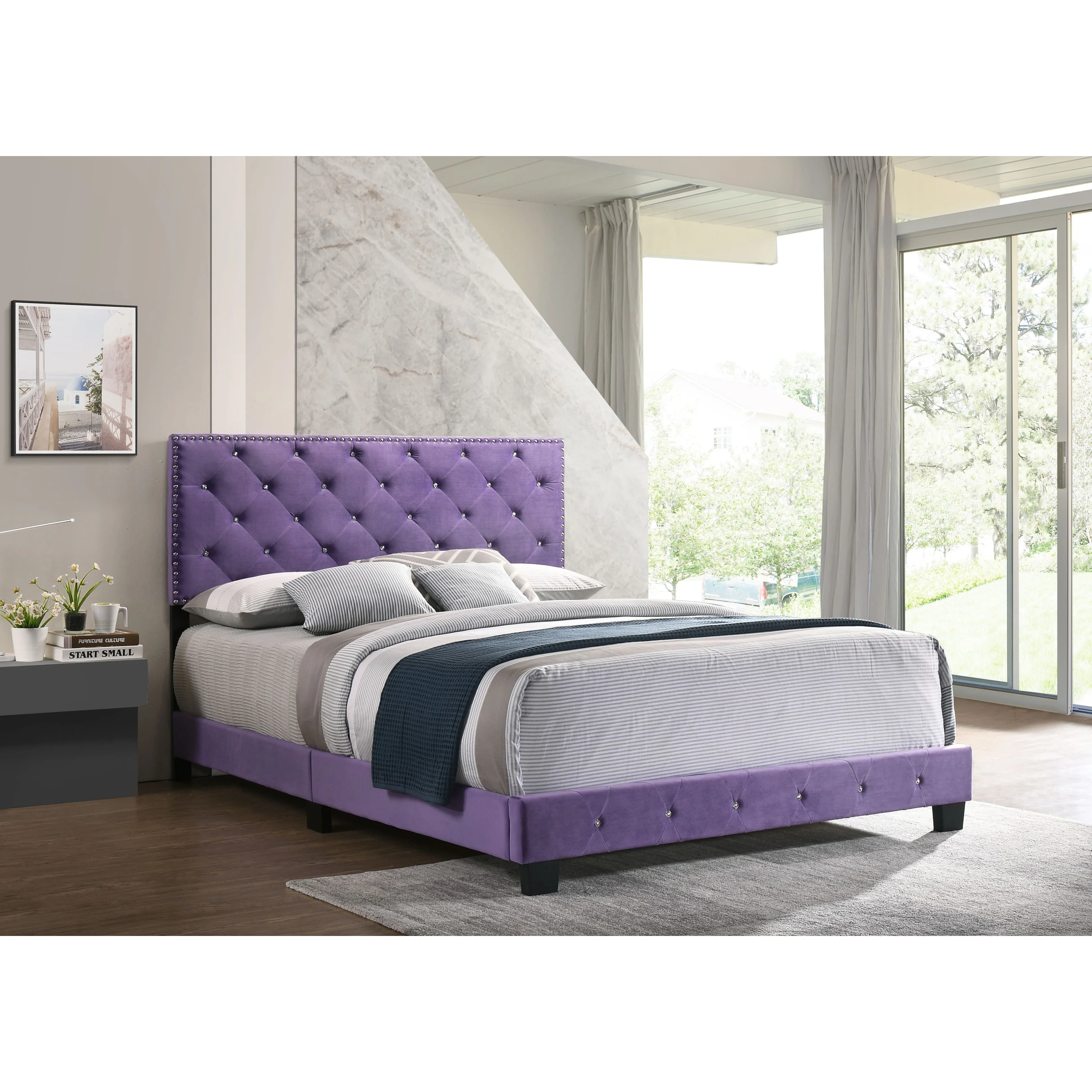 Glory Furniture Suffolk Glam Wood Tufted Upholstered Bed, Full, Gray/Black