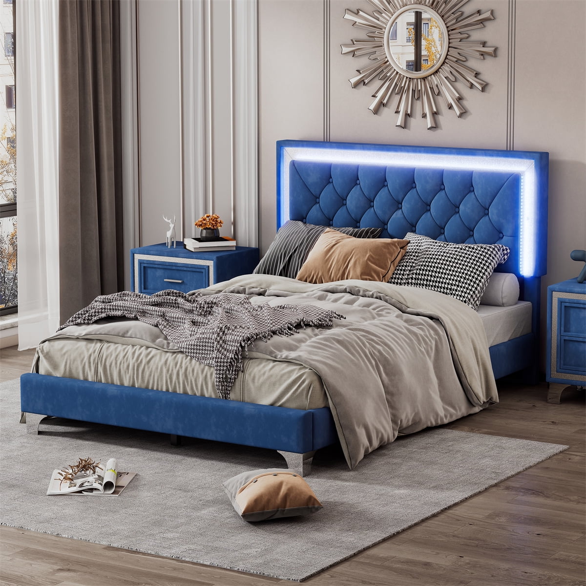 Full Size Platform Bed Frame with LED Lights and Upholstered Headboard Mattress Foundation, No Box Spring Needed, Blue