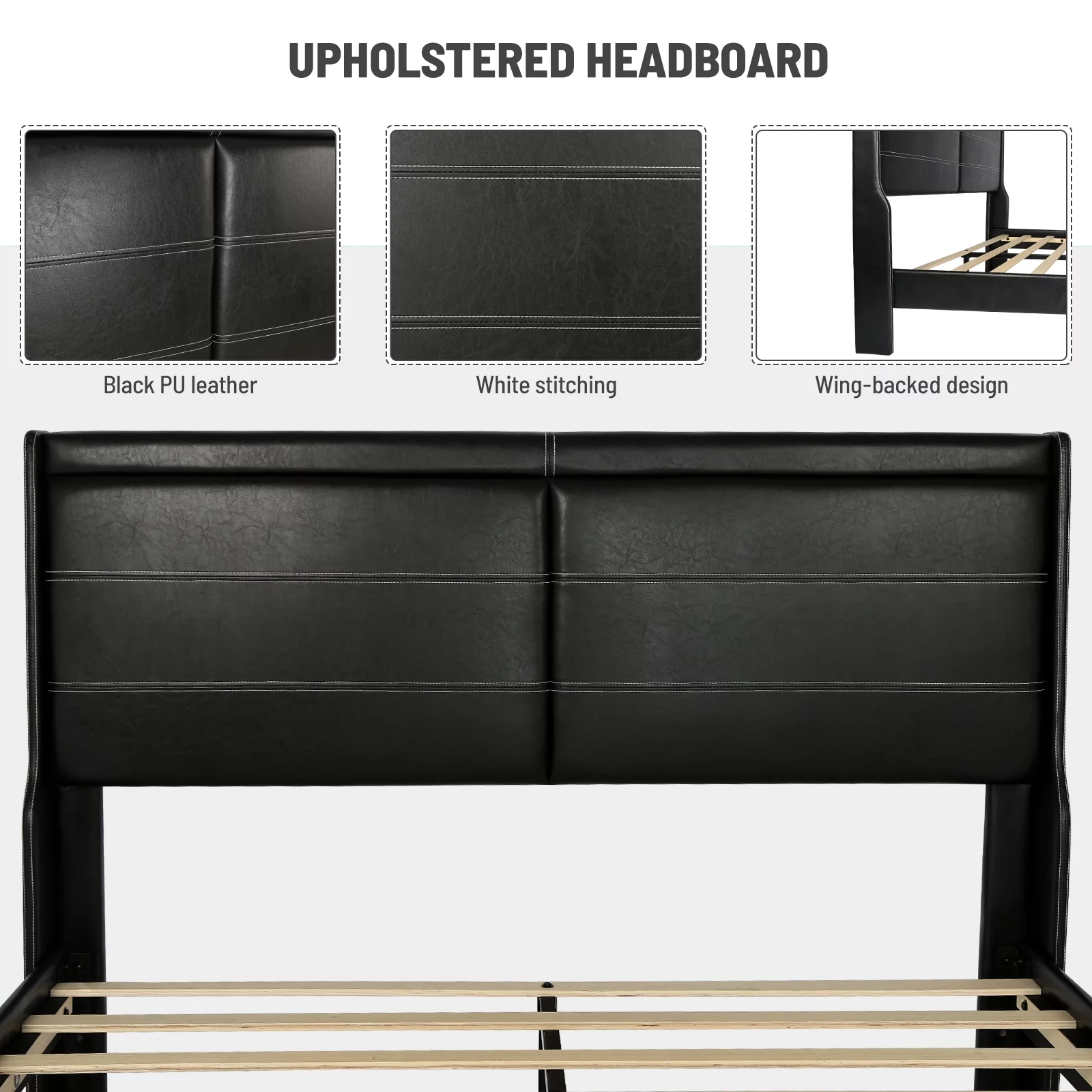 Docooler Queen Size Platform Bed with Under Bed  Stripe PU Leather Padded Headboard Wooden Slats System Easy Assembly Black