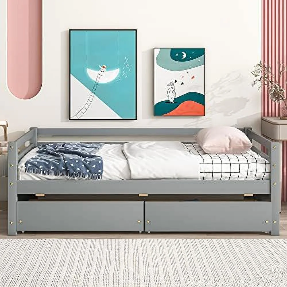 Twin Size Daybed with 2 Storage Drawers Solid Wood Sofa Bed Frame for Bedroom Living Room Apartment White