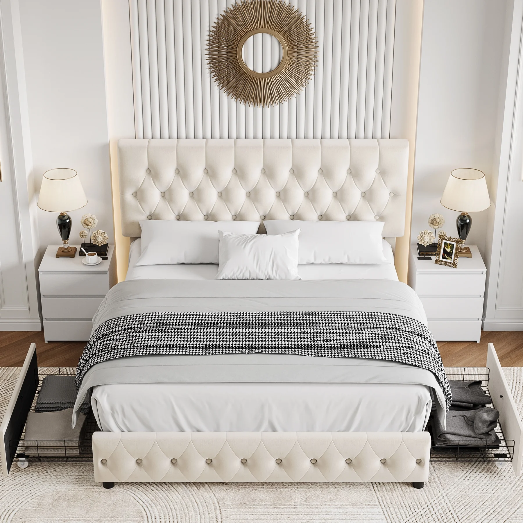 Homfa Queen Size Storage Bed, Velvet Platform Bed Frame with 4 Drawers, Upholstered with Adjustable Headboard, Off White