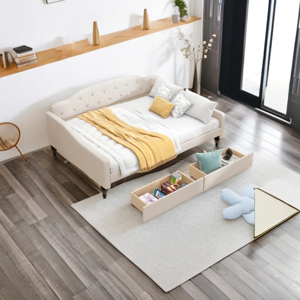 Full Trundle Upholstered Size Daybed with Two Storage Drawers, Solid Wooden Sofa Bed Frame w/Button Tufted Backrest,for Kids, Bedroom, Dorm,No Box Spring Needed