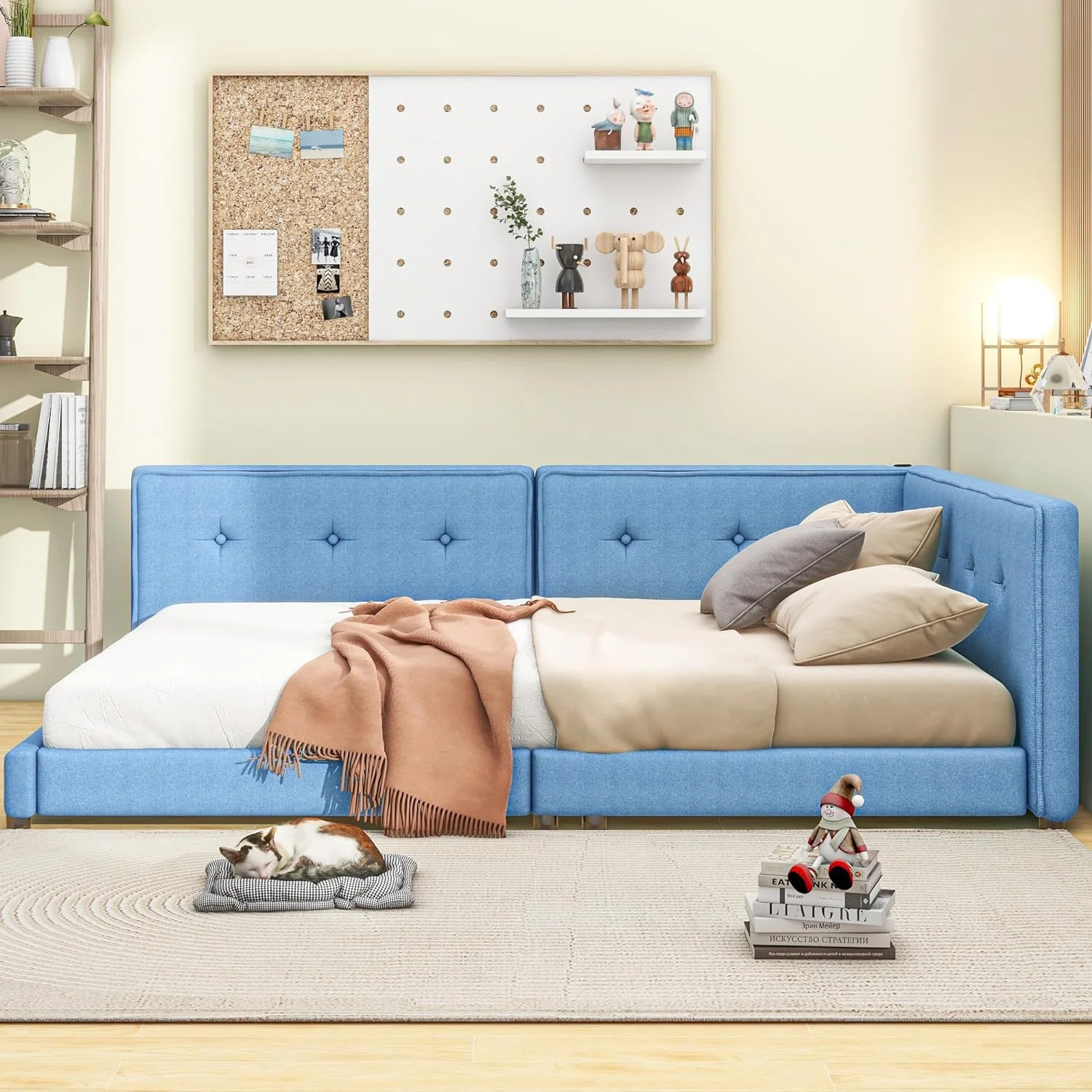 Full Size Daybed With USB Ports, Linen Upholstered Full Size Platform Bed With Wood Slats, Full Size Sofa Bed Frame For Living Room Bedroom (Full, Blue)