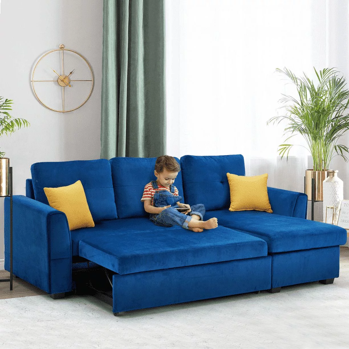 Hommow Sectional Sleeper Sofa, Flannel L-Shaped Sofa Bed with Storage Ottoman, Blue