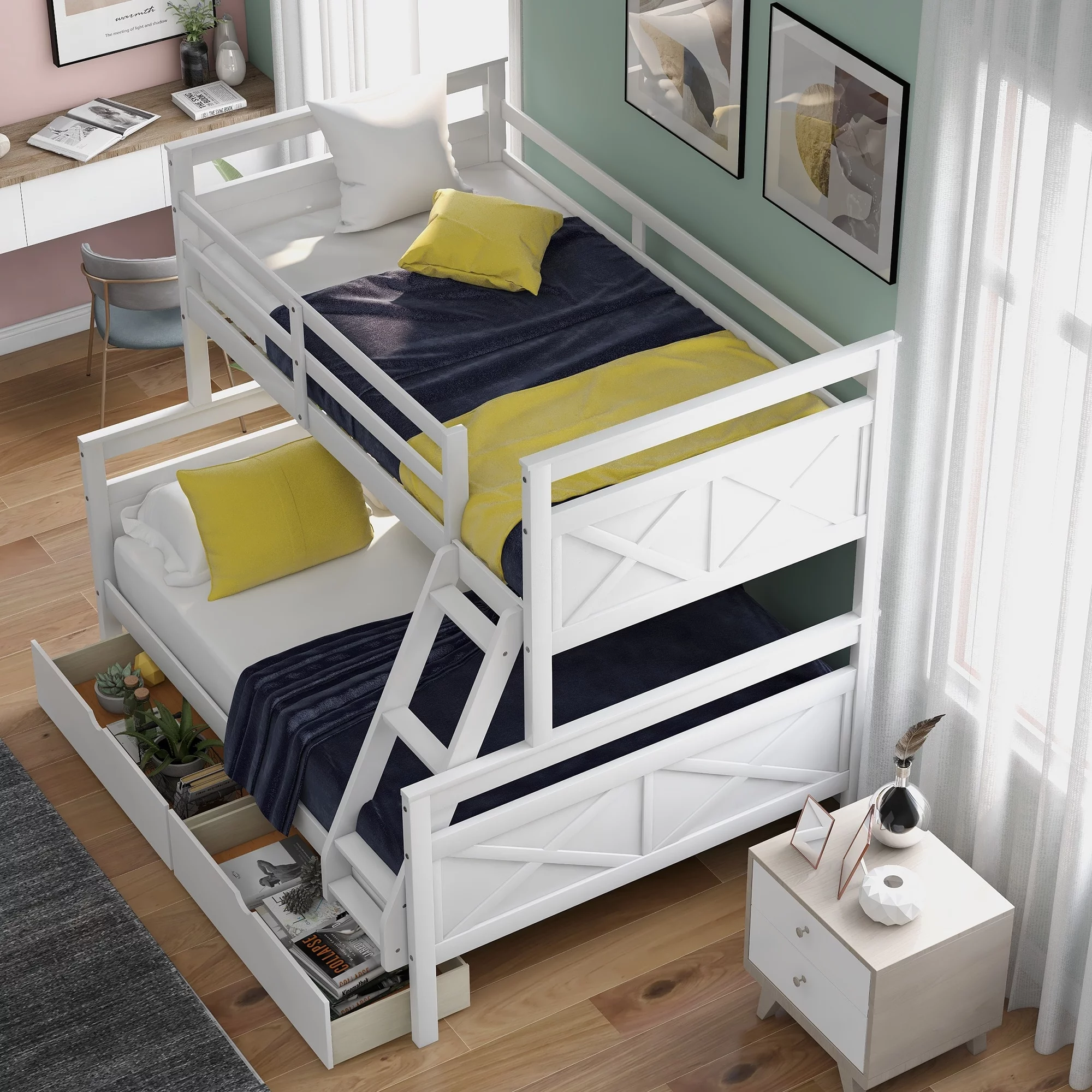 Nestfair  Twin over Full Bunk Bed with Ladder and Two Storage Drawers White