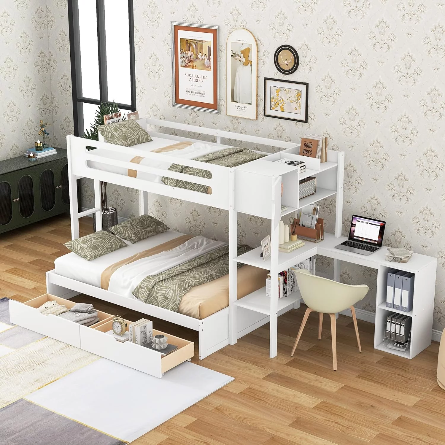 Twin Over Full Bunk Bed with Drawers, Wood Bunk Bed Frame with Shelves, Cabinets, L-Shaped Desk and Magazine Holder, Bedroom Furniture, White