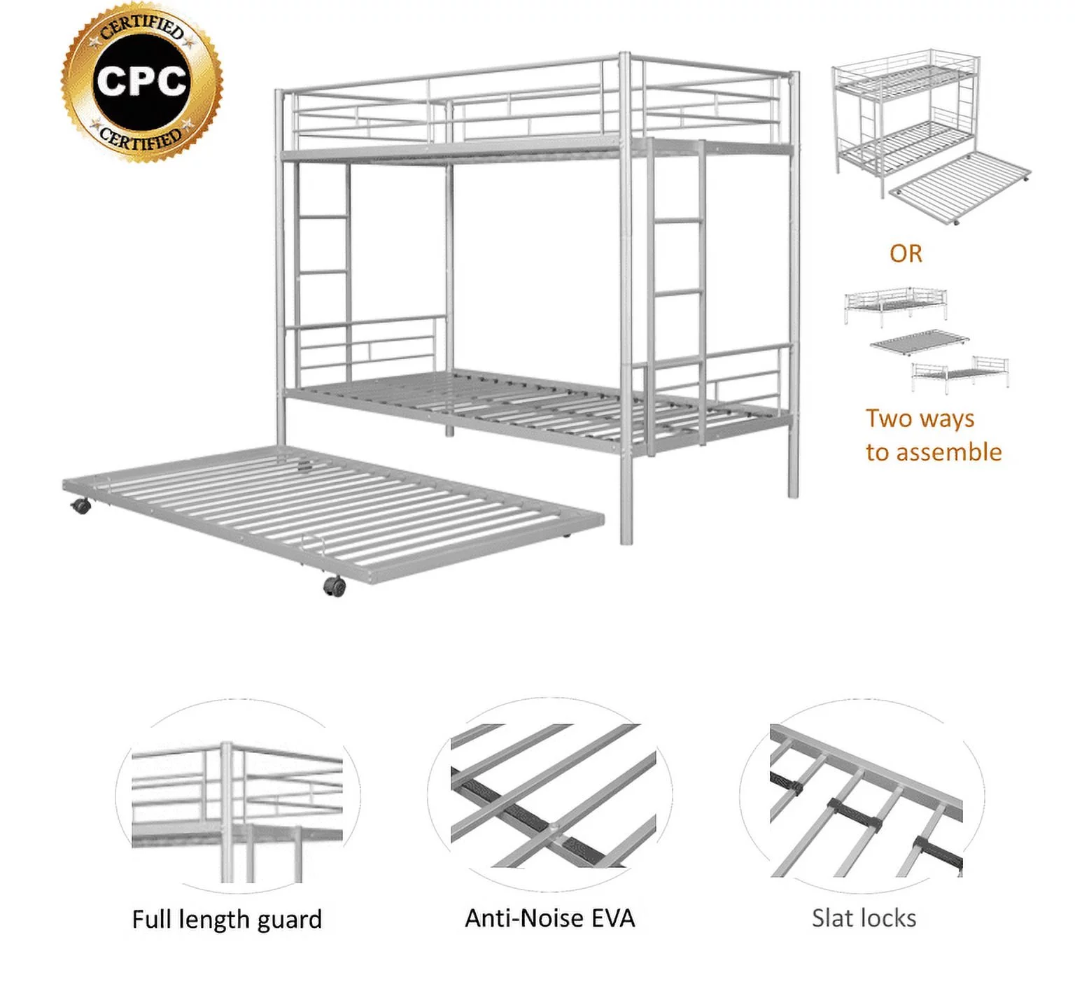 Bellemave Metal Twin over Twin Bunk Bed with Trundle, CPC Certified Metal Bunk Bed Frame with 2 Ladders, Convertible Bunk Bed for 3 Kids, No Box Spring Needed (White)