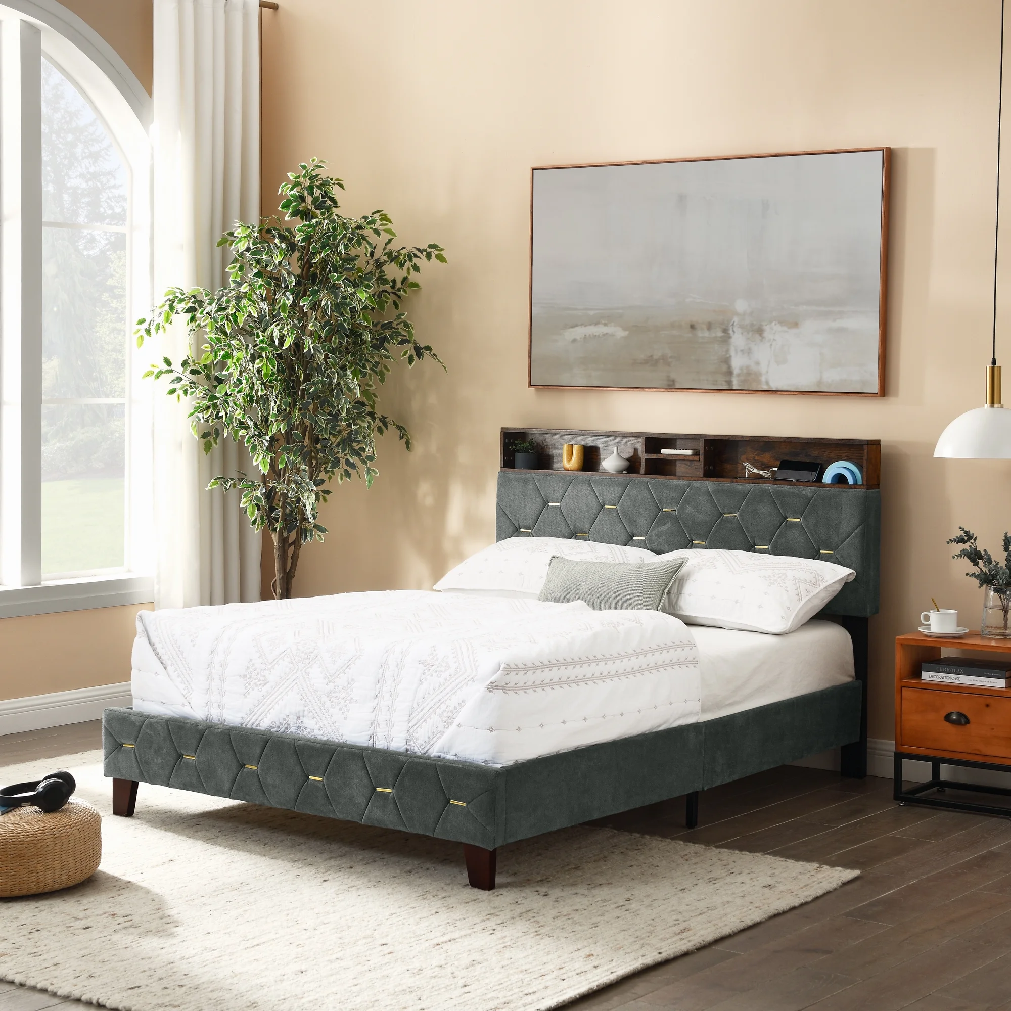 Upholstered Bed 140 x 200 cm with USB and Storage Headboard, Double Bed with Slatted Frame and Bed Box, Youth Bed, Family Bed with Linen Upholstery