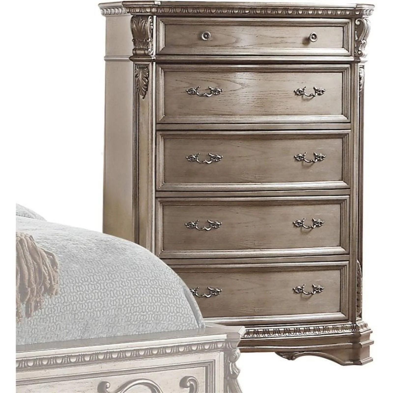 Benzara Wooden Five Drawers Chest With Raised Scrolled Motifs, Antique Champagne