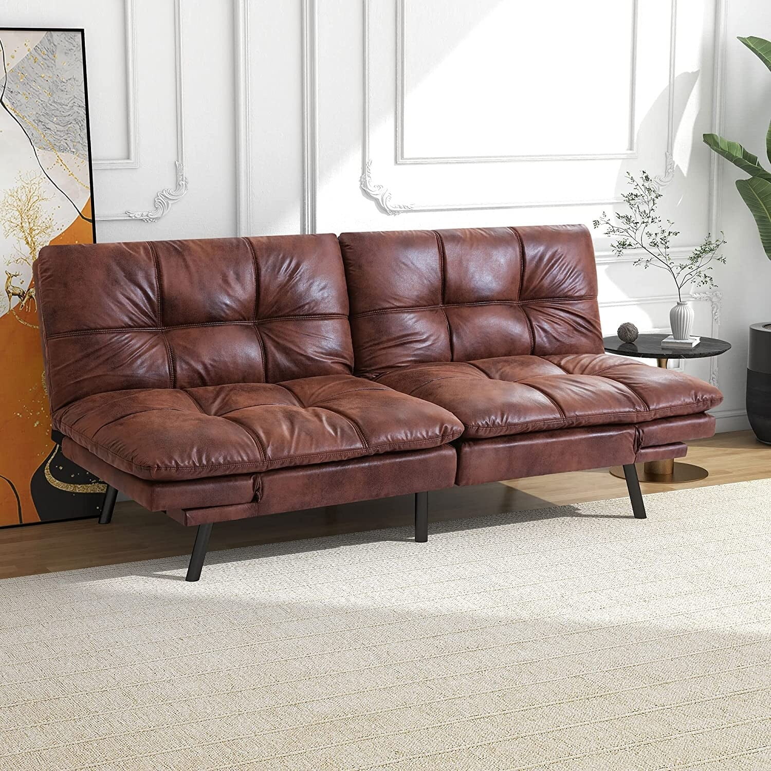 Futon Sofa Bed Modern Faux Leather Convertible Sofa Memory Foam Daybed with Adjustable Armrests for Living Room Apartment Dorm Camel Brown