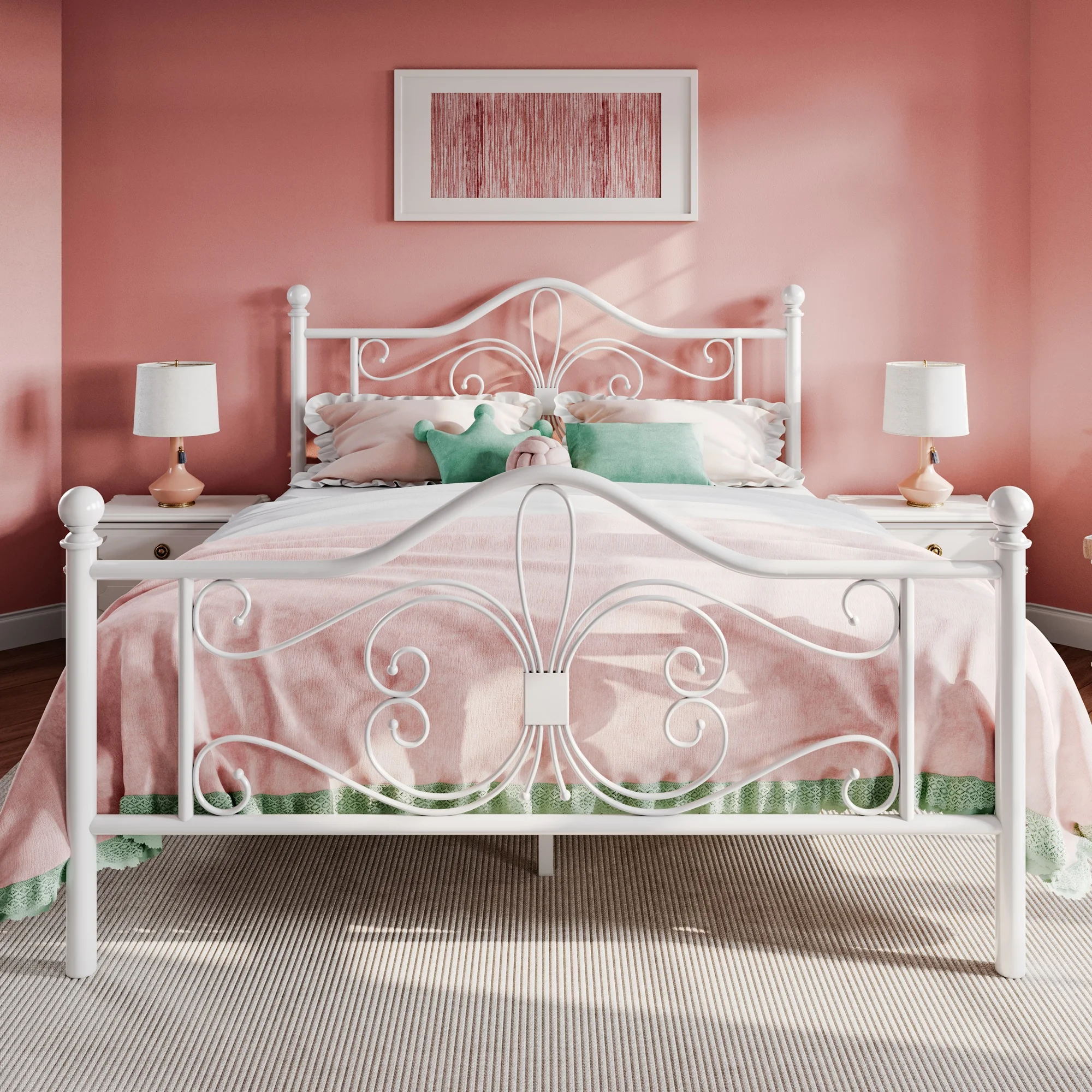 Sha Cerlin Full Size Metal Platform Bed Frame with Victorian Vintage Butterfly Headboard&Footboard, White