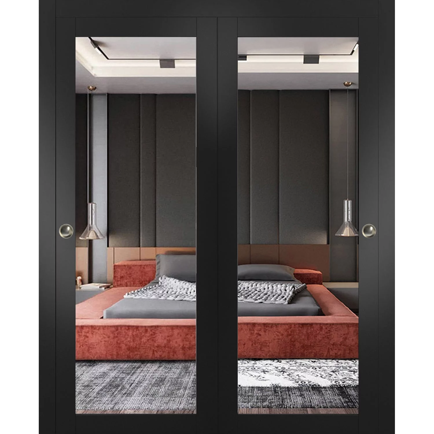Sliding Closet Bypass Doors 60 x 80 inches | Lucia 1299 Matte Black with Mirror | Sturdy Rails Moldings Trims Hardware Set | Wood Solid Bedroom Wardrobe Doors