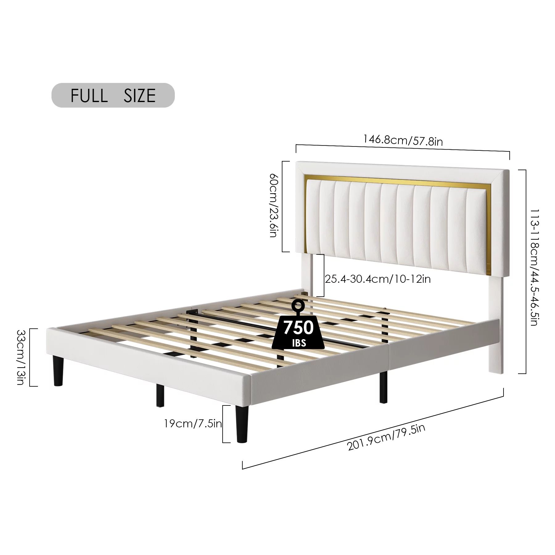 Homfa Full Bed Frame, Velvet Tufted Upholstered Platform Bed with Adjustable Gold Trim Headboard, Beige
