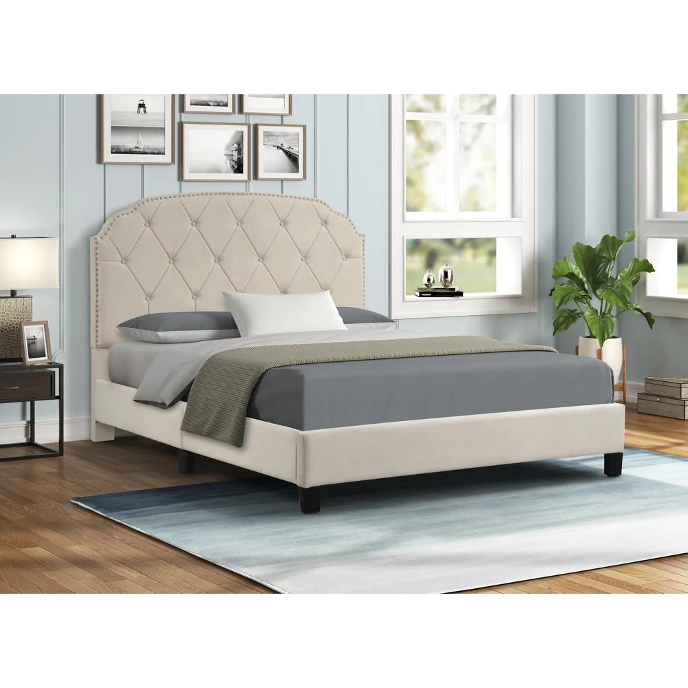 Hamin Beige Velvet King Platform Bed with Nailhead Trim
