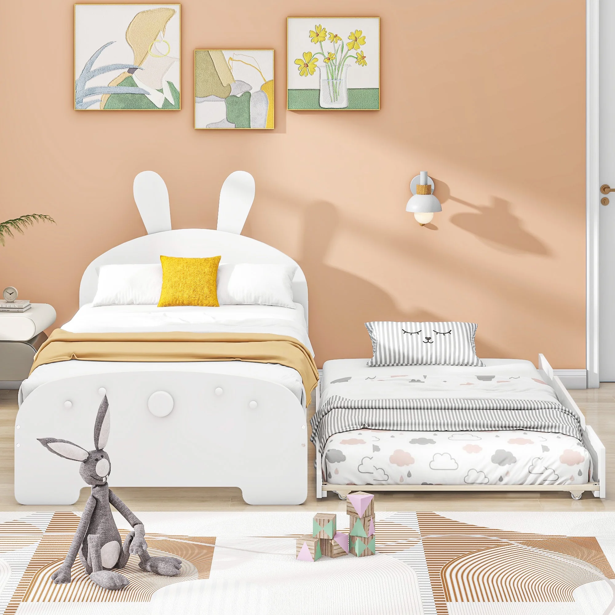 Twin Size Wood Platform Bed with Cartoon Ears Shaped Headboard and Trundle, Wood Platform Bed Frame with Headboard(White, Twin)