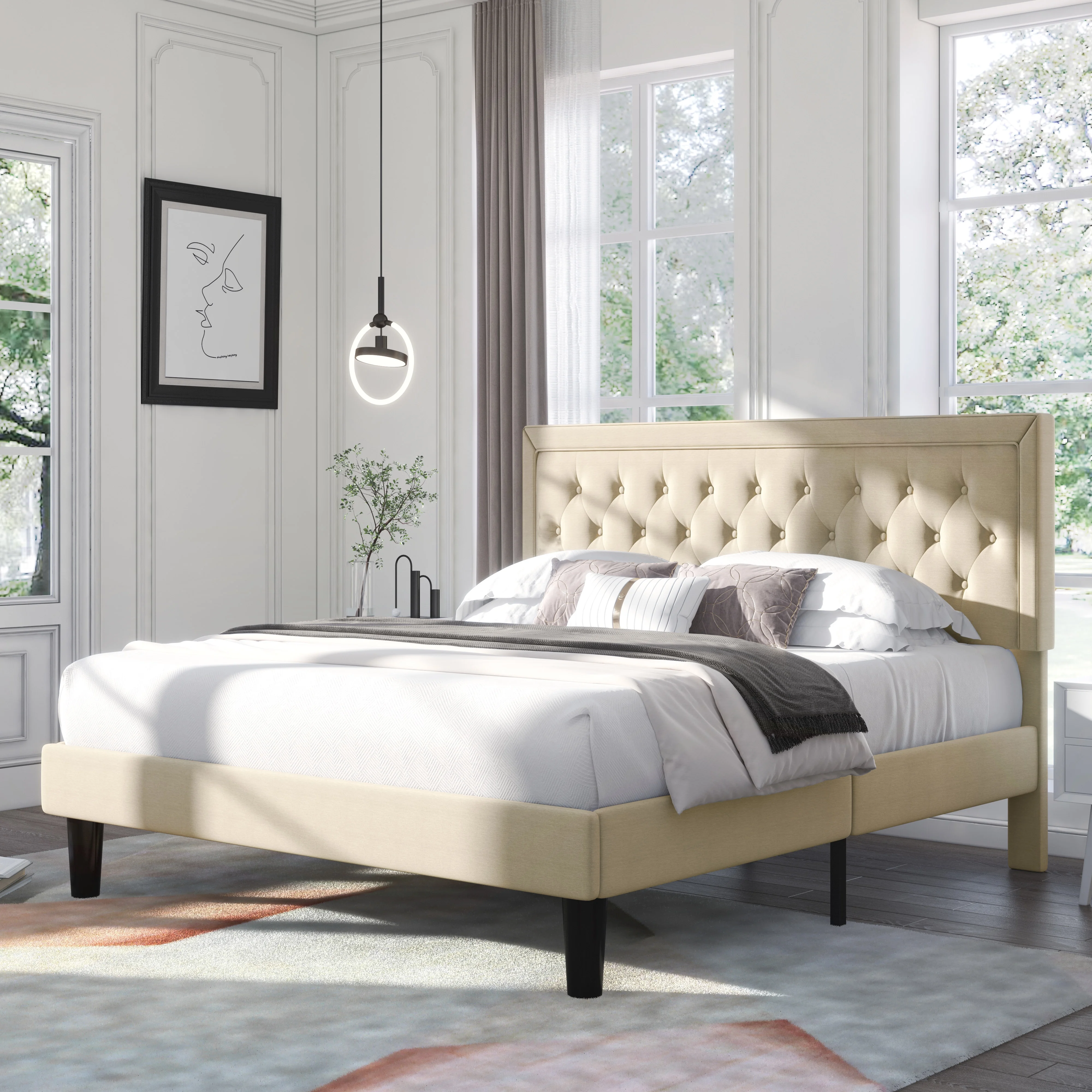 Einfach King Size Upholstered Platform Bed Frame with Adjustable Headboard, Light Beige
