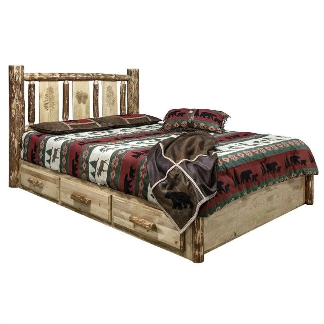 Glacier Country Platform Bed with Storage & Laser Engraved Pine Design - King Size
