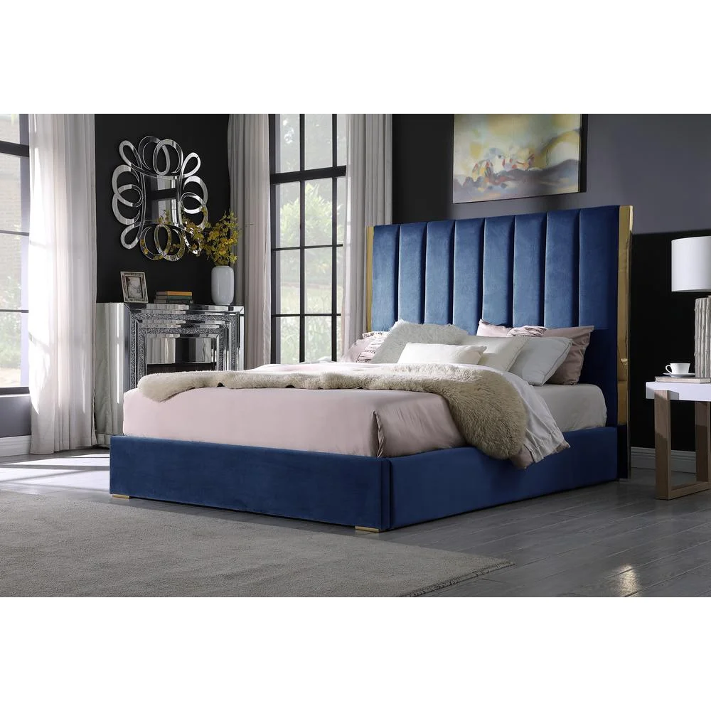 Jalen Blue Velvet King Platform Bed with Gold Accents