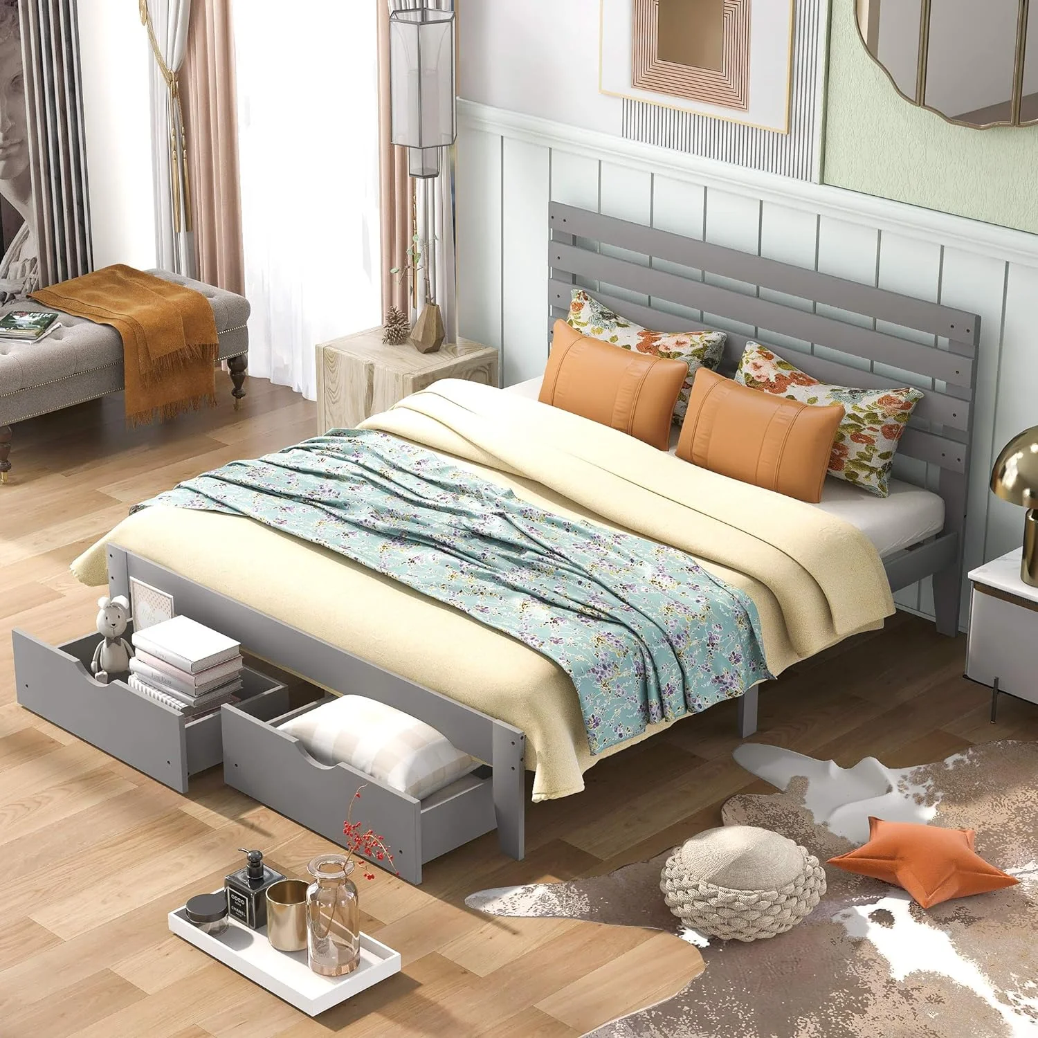 Queen Bed Frame, Queen Platform Bed With Storage Drawers, Wood Platform Bed Frame With Headboard, Wood Slats Support, No Box Spring Needed, Easy Assembly, Grey