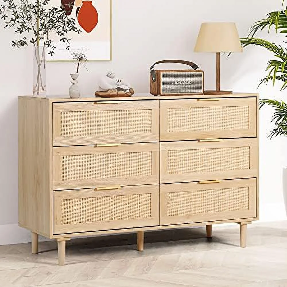 6 Drawer Dresser Rattan Dresser Chest with Drawers Wood Closet Dressers Chest of Drawers for Bedroom Living Room Hallway (Natural)