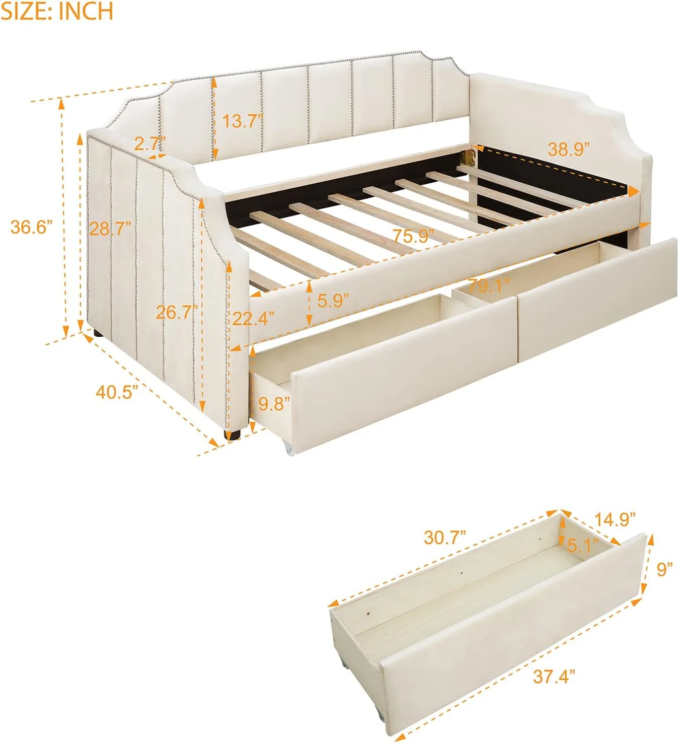 Upholstered Daybed With Storage Drawers, Living Room Sofa Bed Beige Velvet Bed For Bedroom Guest Room, Beige