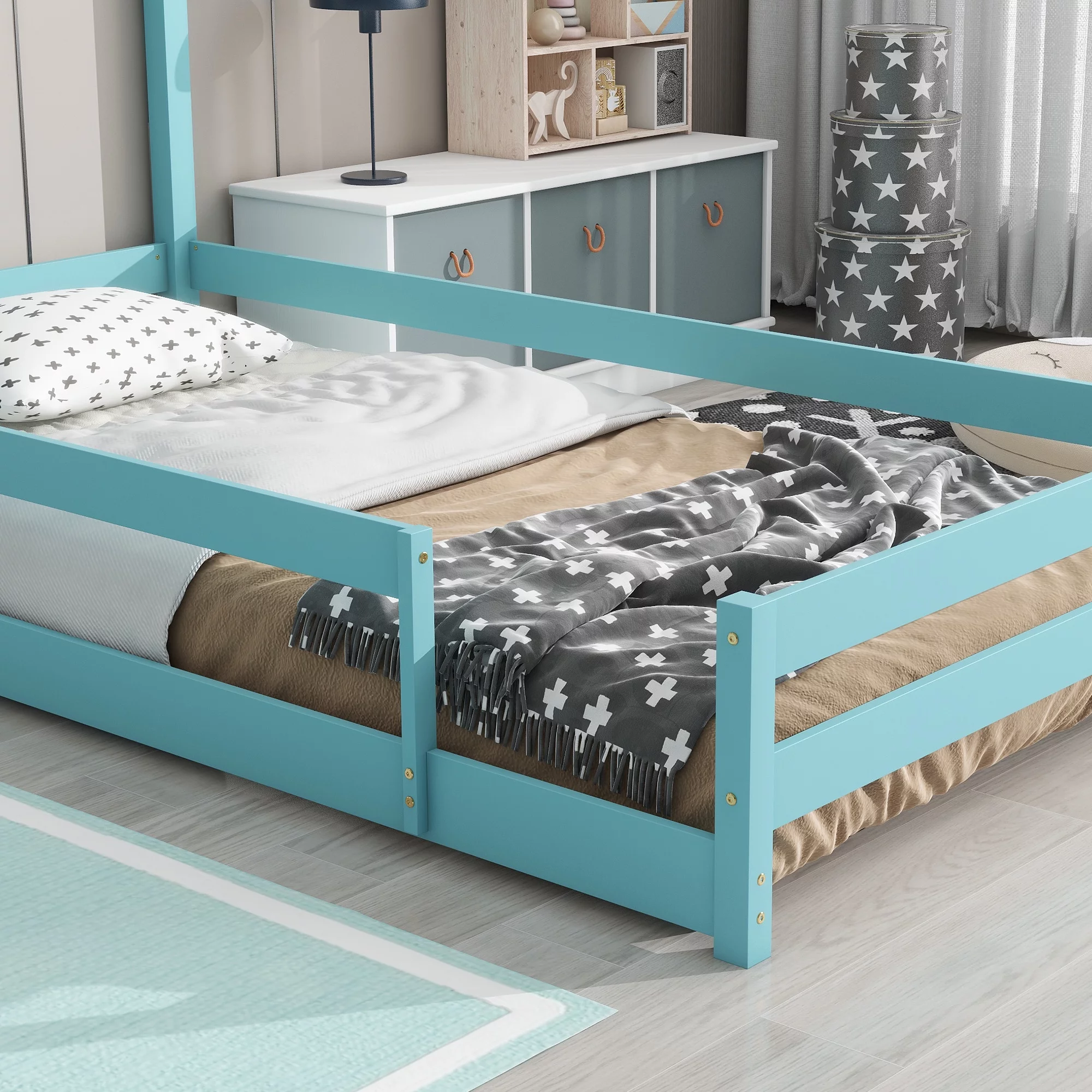 Child's cot ,Twin Size Wood bed with House-shaped Headboard Floor bed with Fences,Light Blue