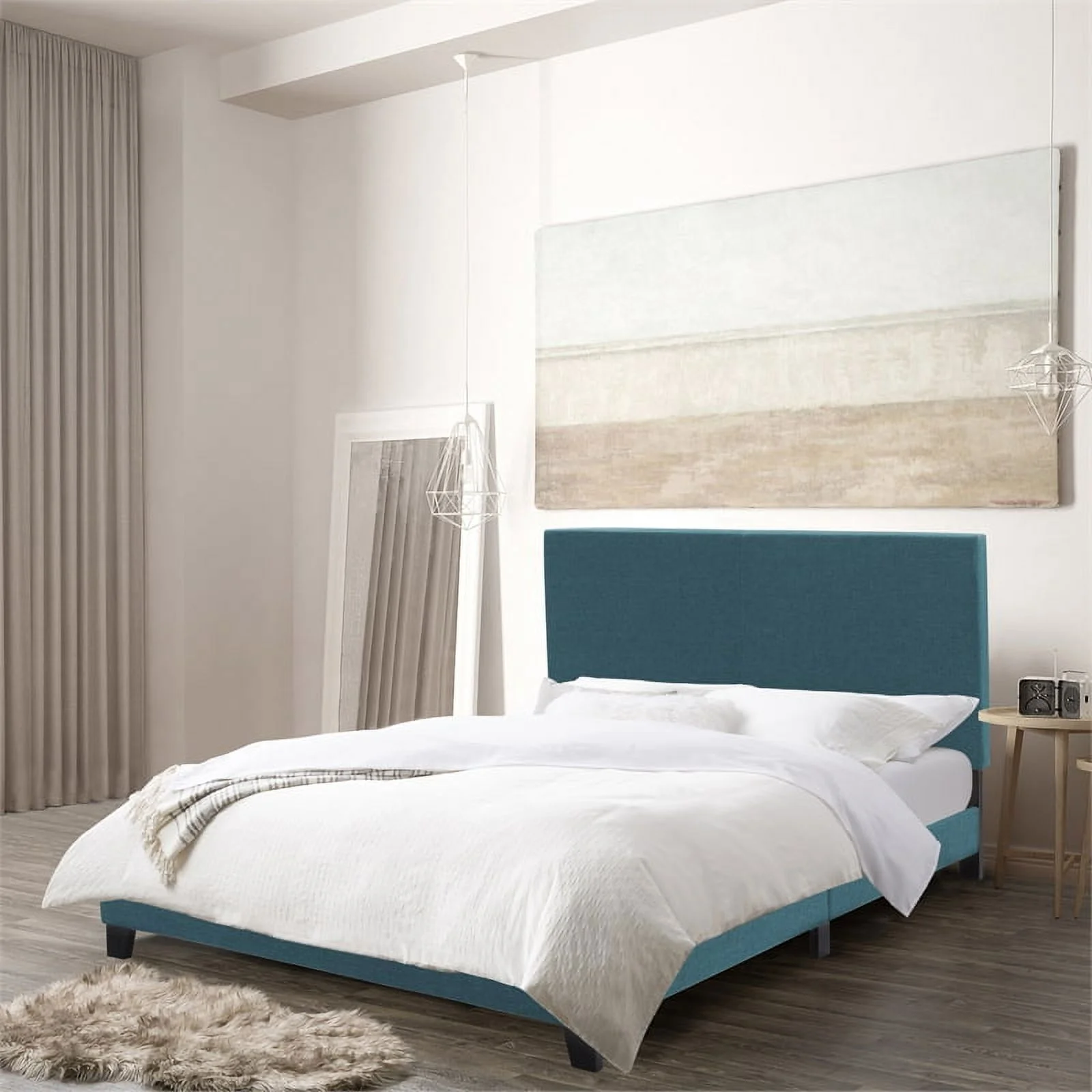 CorLiving Juniper Queen Size Contemporary Fabric Upholstered Bed in Blue Teal