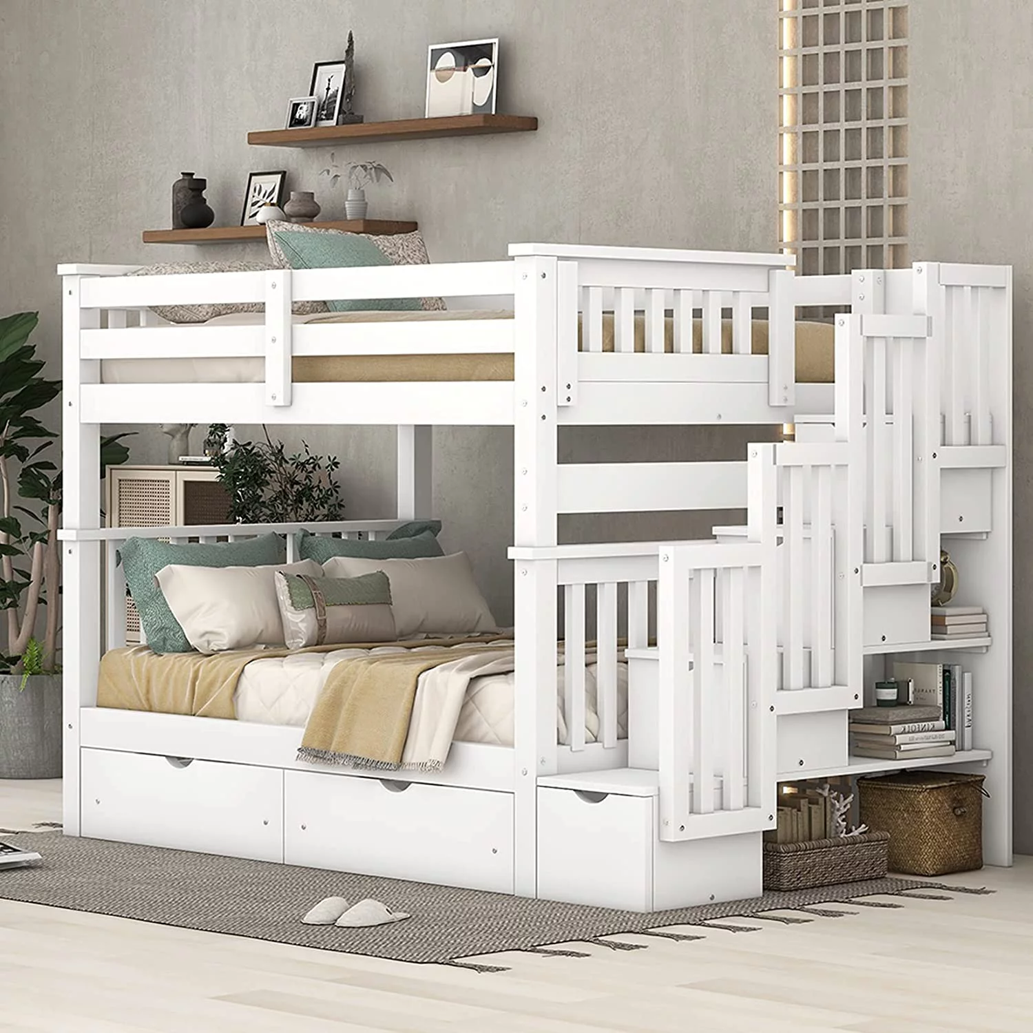 Full Over Full Bunk Bed With Stairs, Wooden Bunk Bed With Storage Drawers, For Kids Teens Adults - White