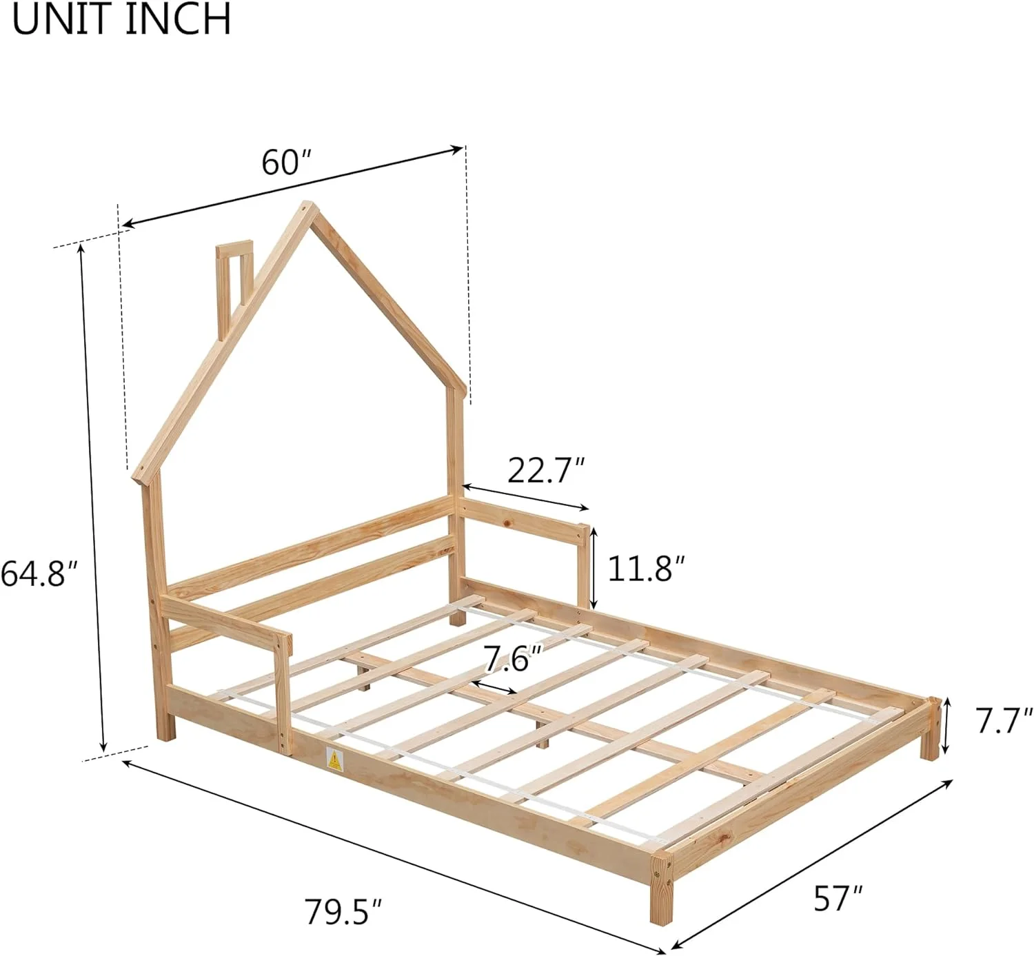Full Size Floor Bed Wih House-Shaped Headboard, Full Kids Bed Frame Wih Solid Wood Slas,Full Floor Bed Frame For Girls Boys,No Box Spring Needed,Naural