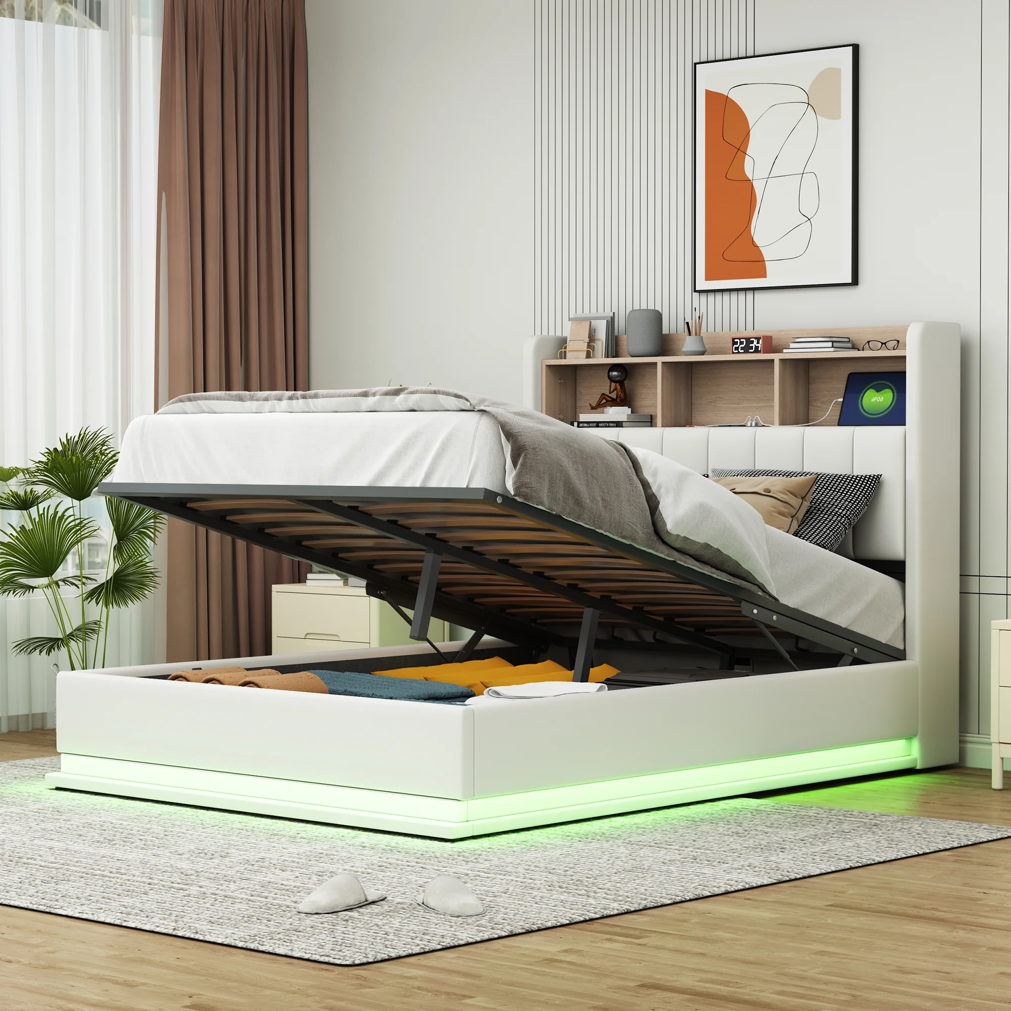 CoSoTower Full Size Upholstered Platform Bed with Storage Headboard and Hydraulic Storage System, PU Storage Bed with LED Lights and USB Charger, White