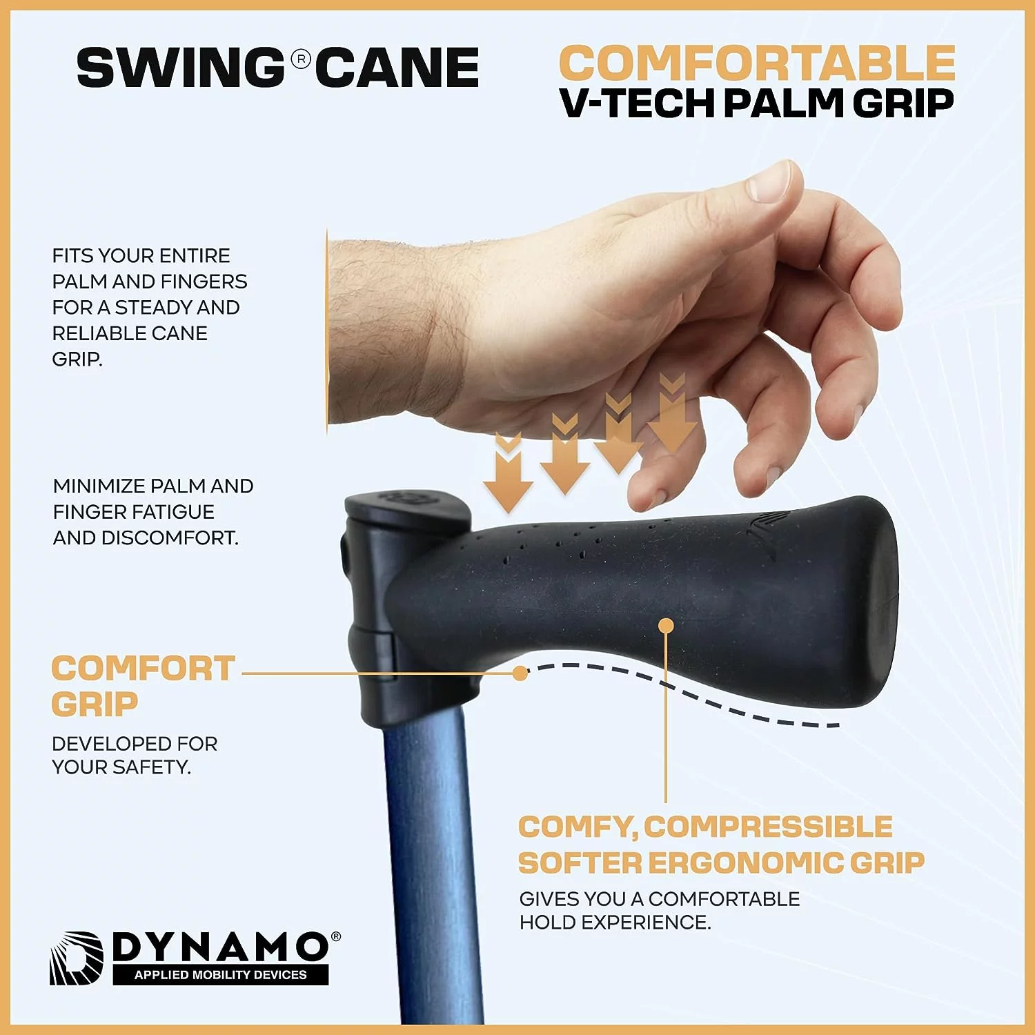 Dynamo Swing Cane - Lightweight, Heavy Duty, All-Terrain and Adjustable - Soft Ergonomic Grip, Articulating Cane Base, Stylish, Perfect for Seniors, Men and Women for Stability and Balance (BLUE)