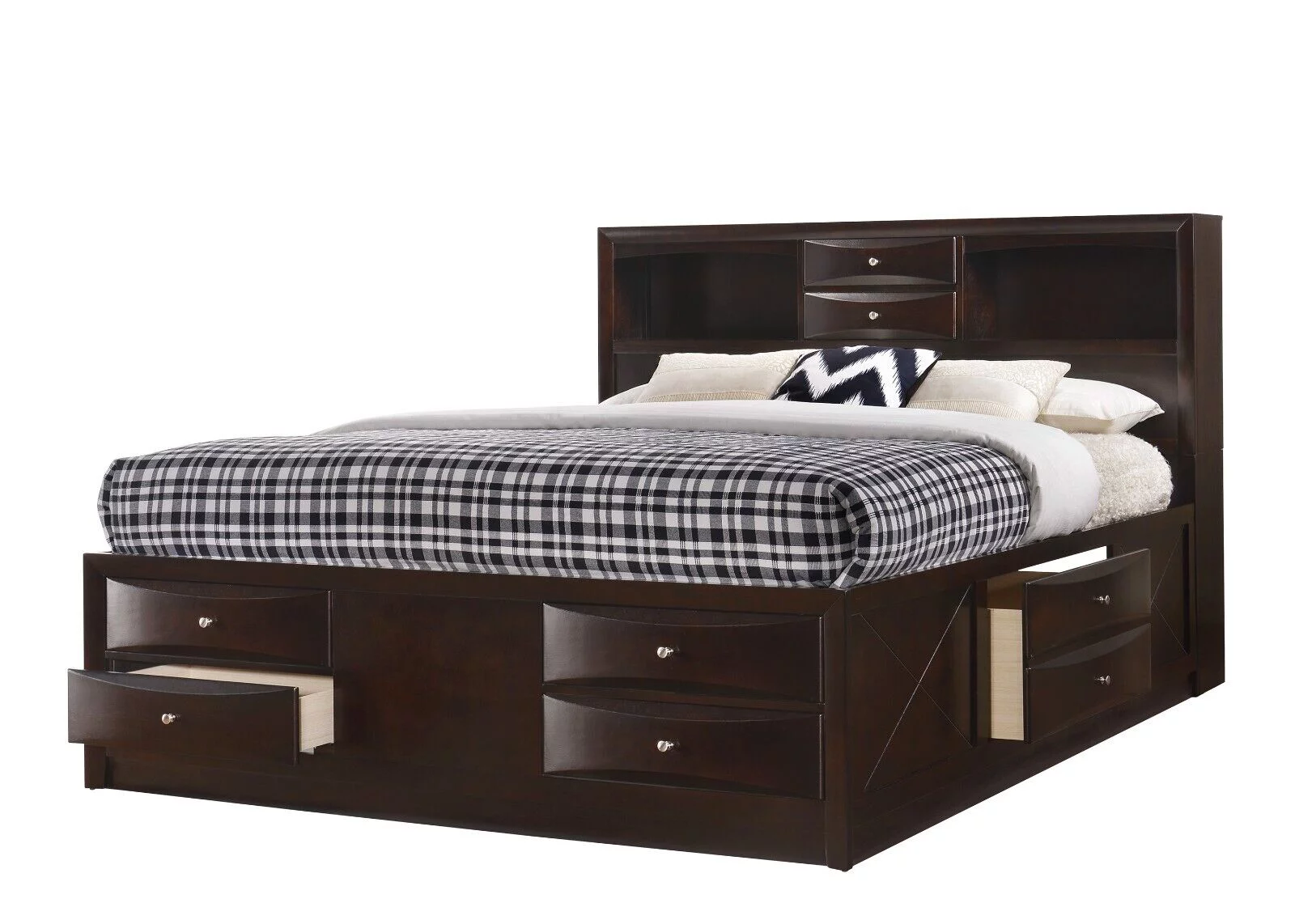Contemporary King Size 3pc Bedroom Set Storage Bed Chest Nightstand Brown Cherry Finish Solid Wood Furniture