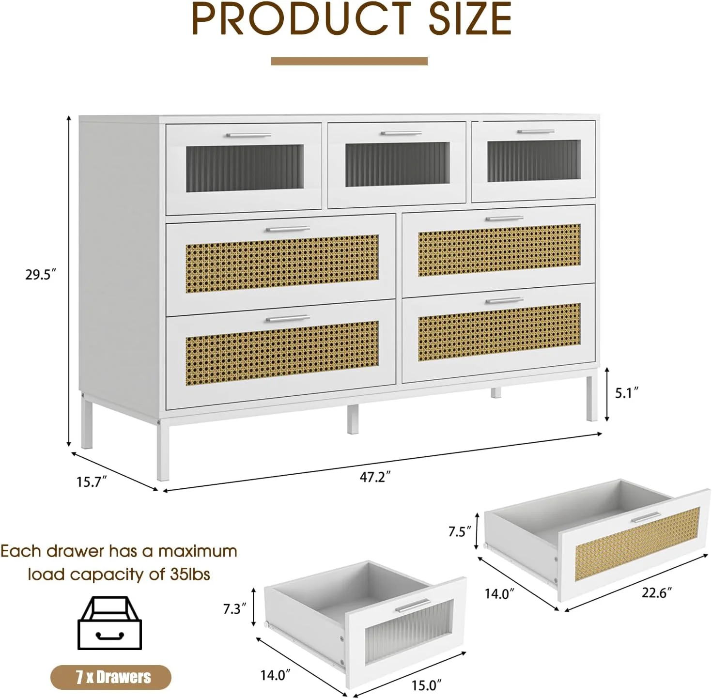 RUNFAYBIU 7 Drawer Dresser  47.2" Wide Chest of Rattan Drawers with Open Space  Modern Wood  Dresser Organizer Sideboard Buffet Cabinet for Bedroom  Living Room  Dining Room  Hallway