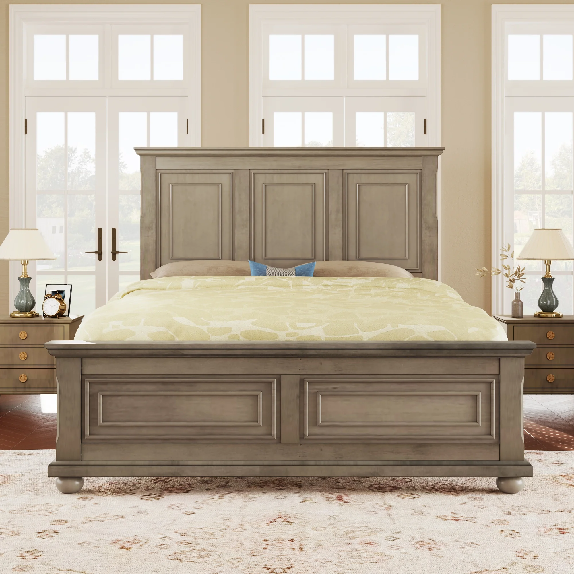 Elegant Stone-Toned Town & Country Pinewood Mansion King Bed with Classic Style