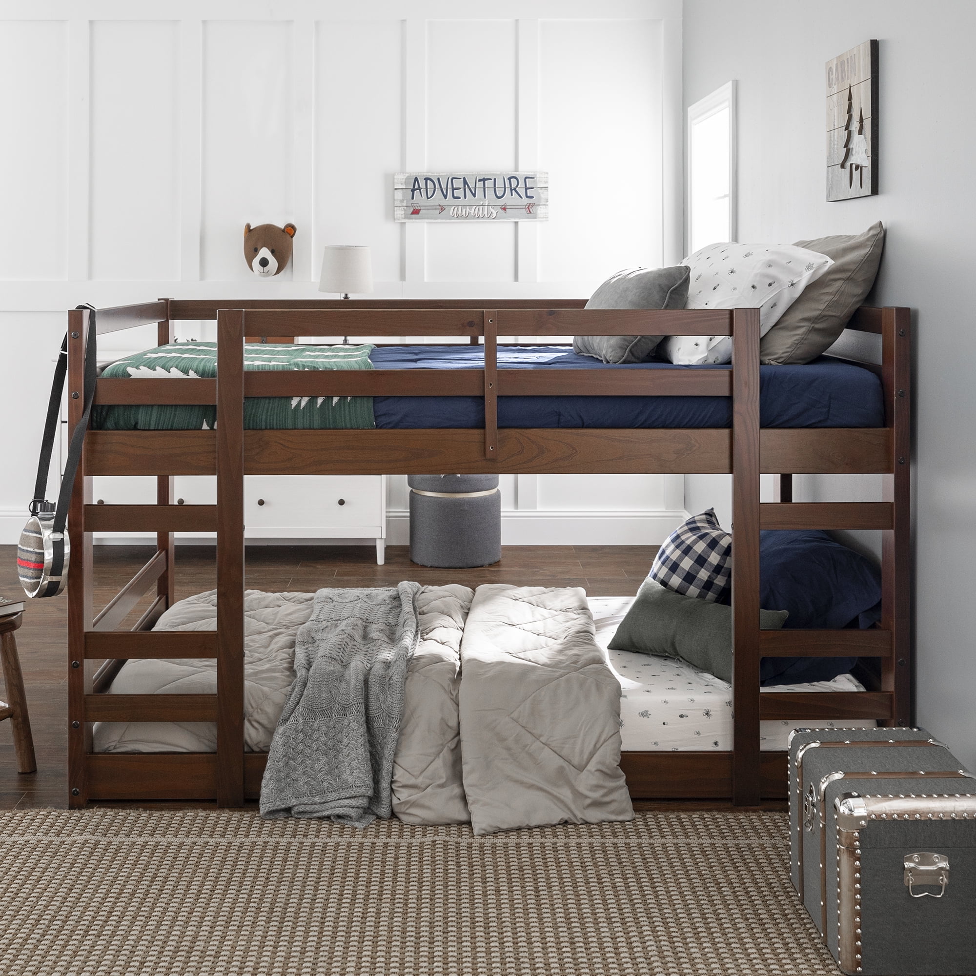 Walker Edison Solid Wood Twin Over Twin Floor Bunk Bed, Walnut