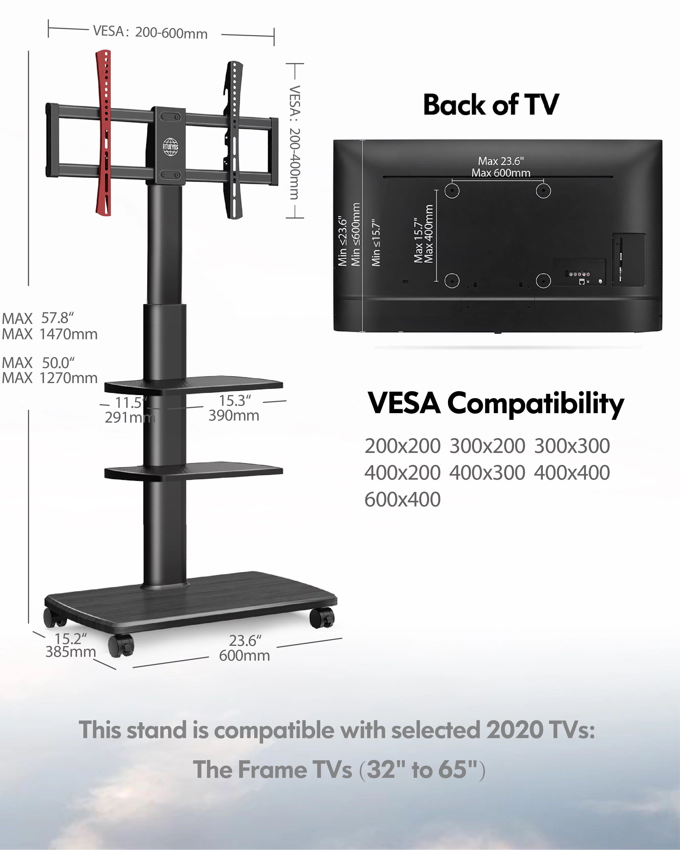 Floor TV Stand For Tvs up To 65”， Black & Modern Mobile TV Stand on Wheels, Wooden Base
