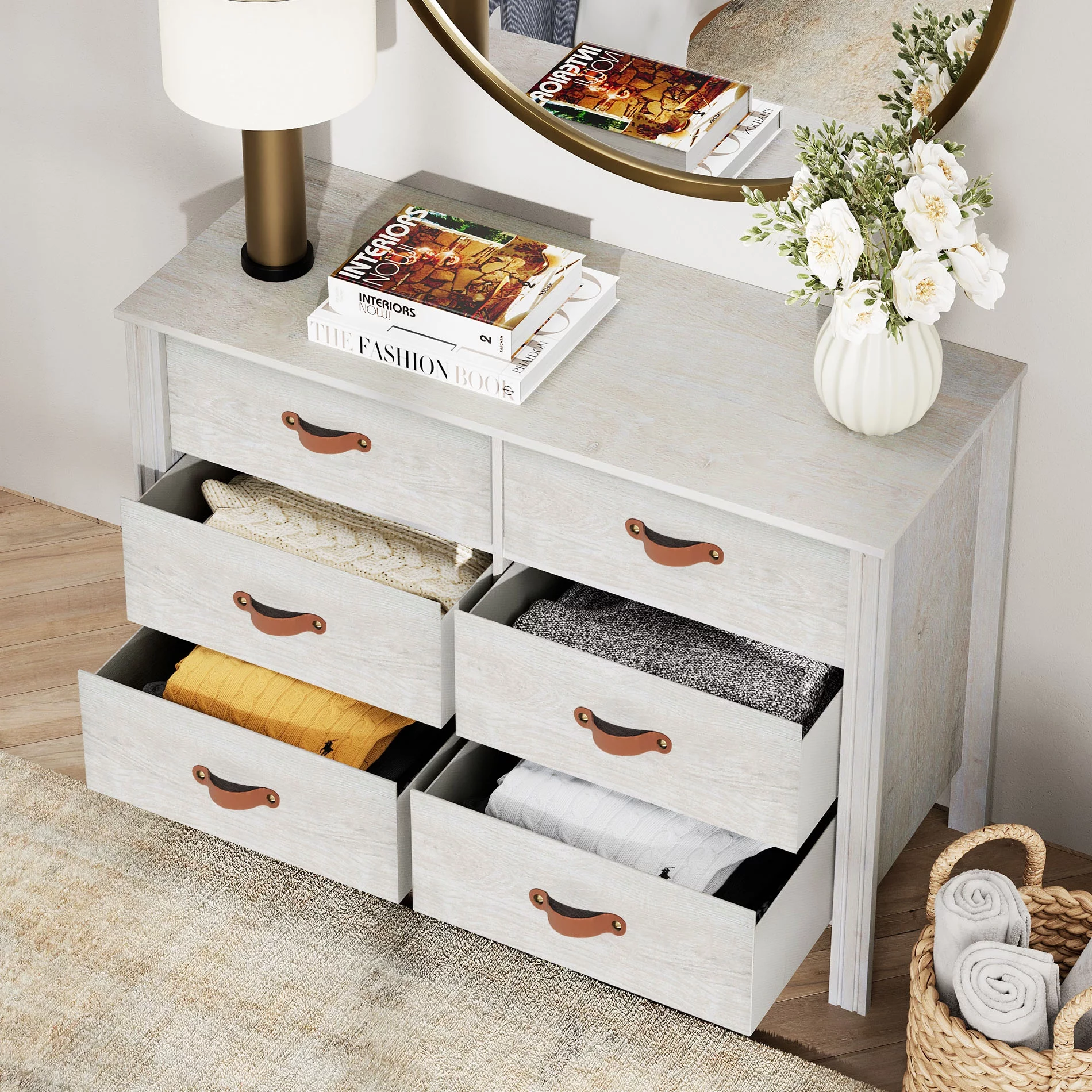 White Dresser for Bedroom, Wood Dresser with 6 Drawers, Kids Dresser Storage Cabinet for Living Room, Hallway