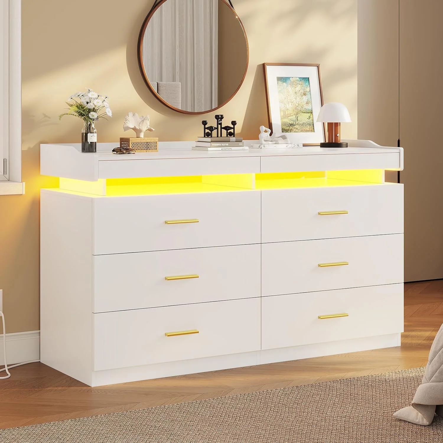 6 Drawer Dresser with 2 Pull-Out Trays, LED Dresser Chest of Drawers for Bedroom Living Room, White