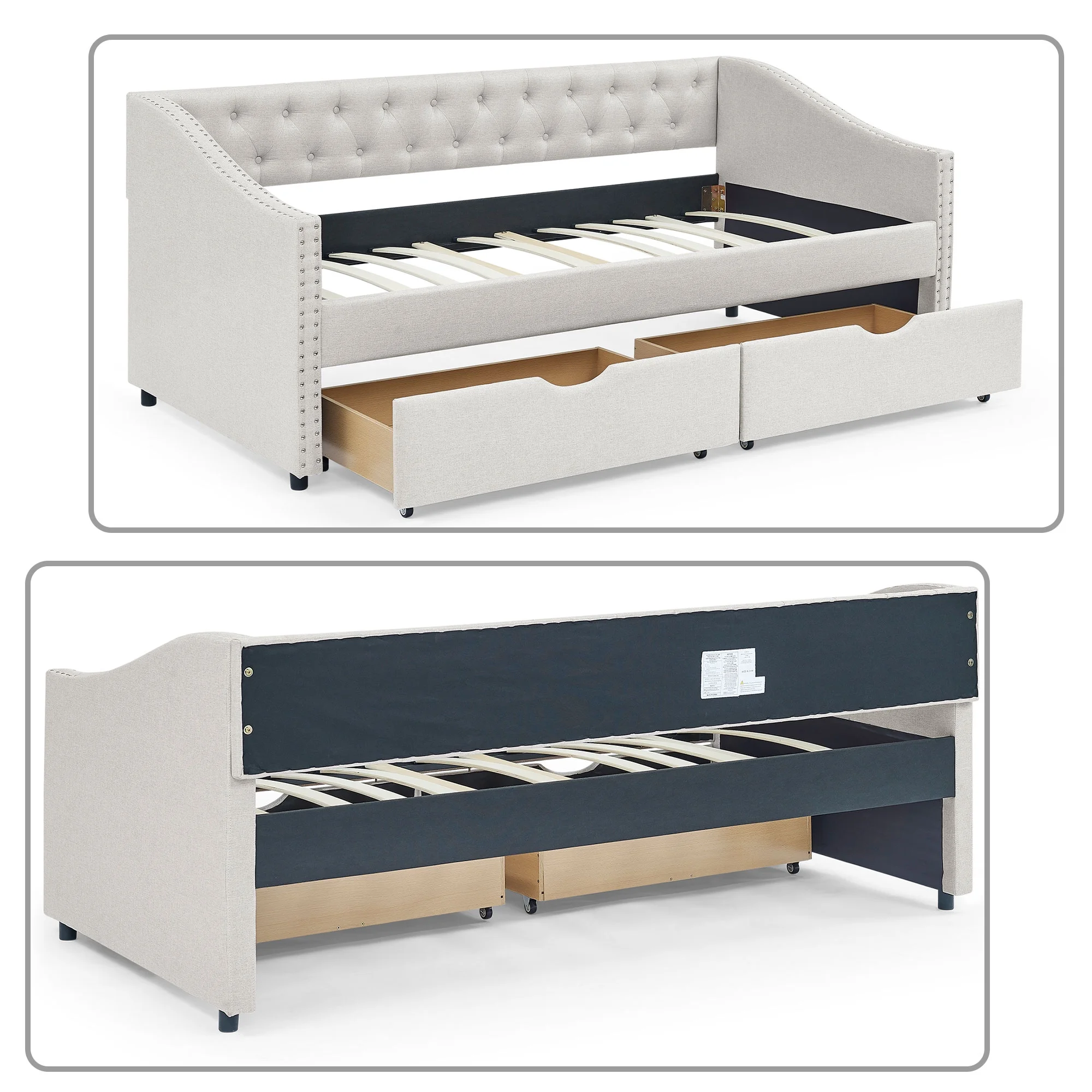 Classic and Stylish Twin Size Linen Fabric Button-Tufted Daybed with 2 Drawers and Rivet Decor, Beige