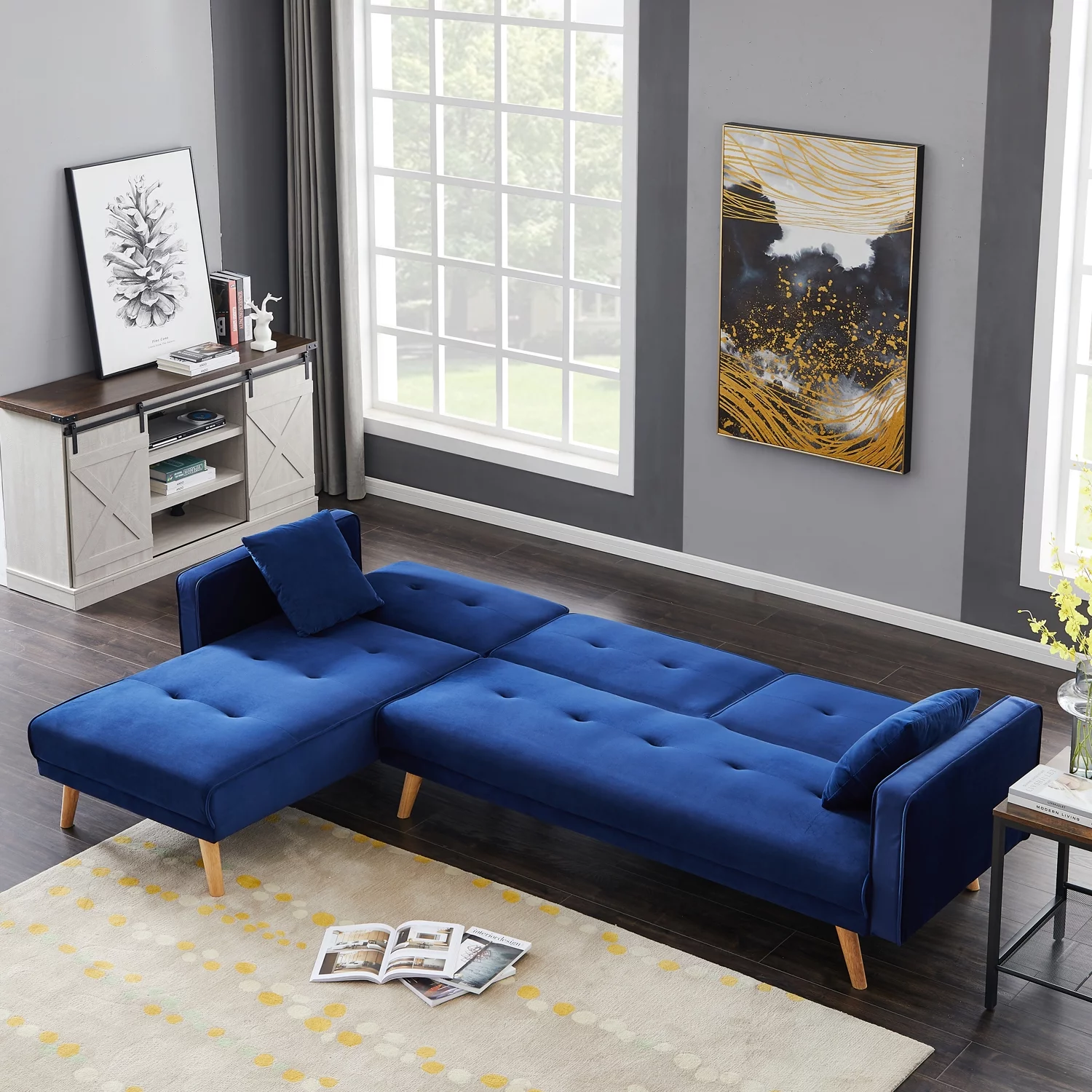 Modern Velvet L-Shaped Sectional Sofa Bed, Convertible Folding Sleeper Futon Couch with Chaise Lounge and Pillows for Living Room Office Apartment