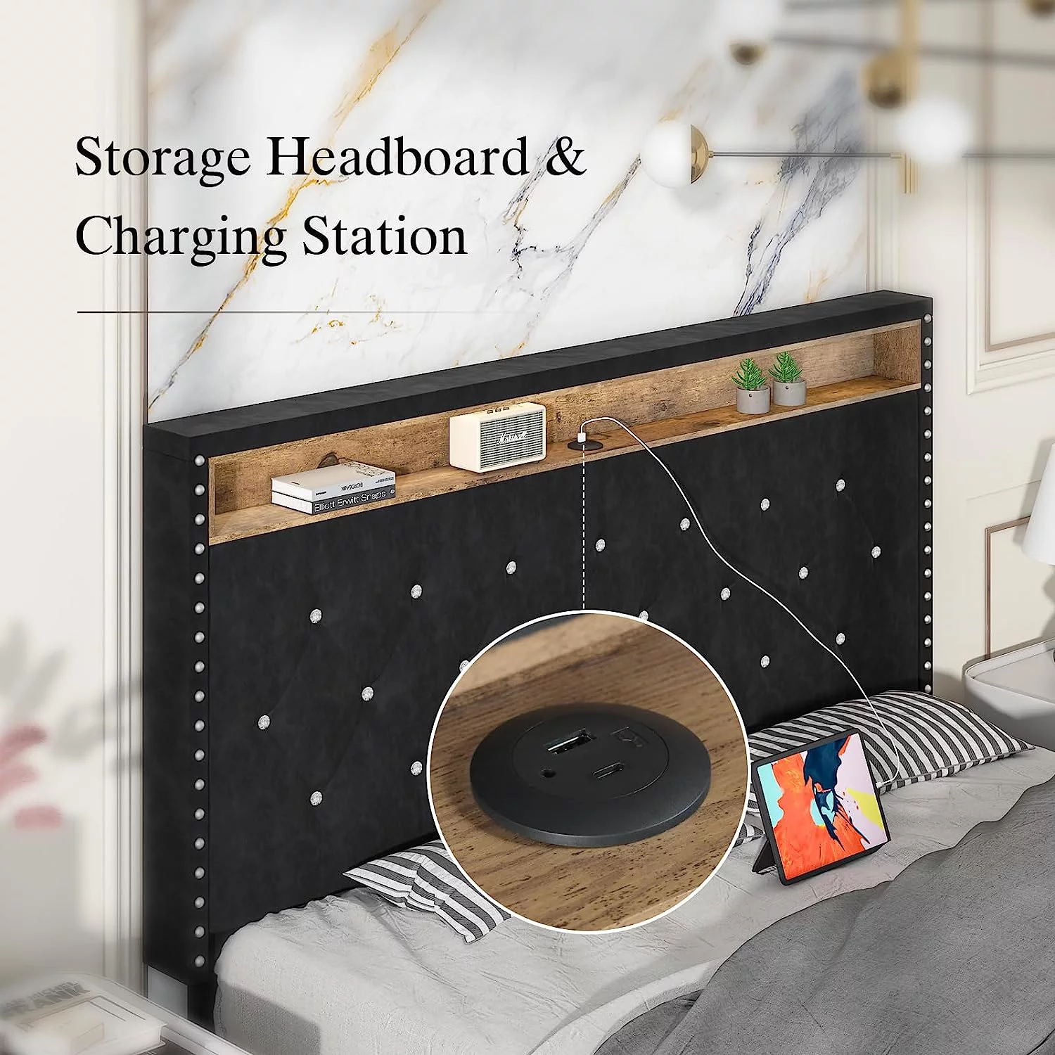 4 EVER WINNER King Size Bed Frame with LED Lights, Upholstered Bed Frame with with Storage Headboard and Charging Station, No Box Spring Needed, Black